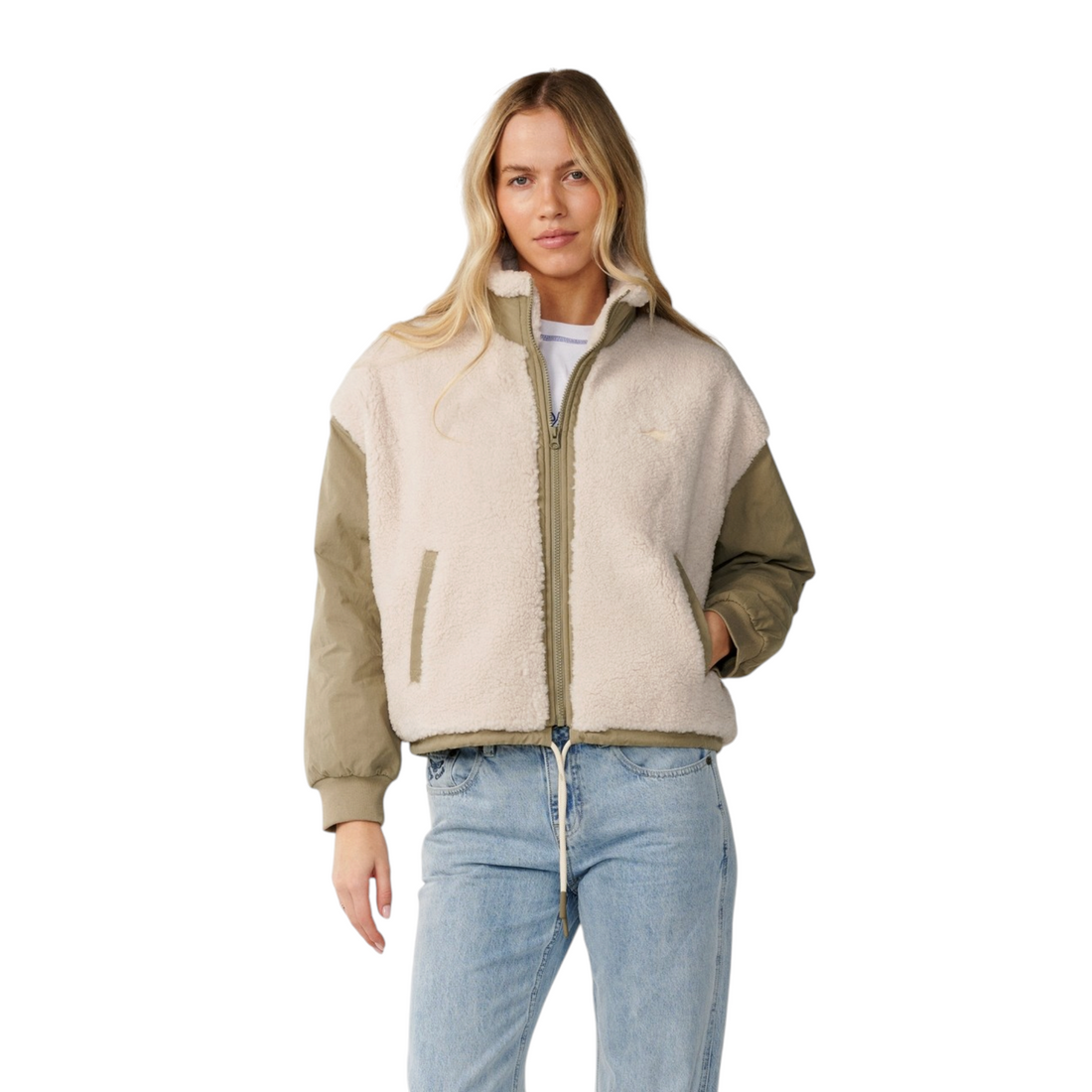 Veste Born2ride Rip Curl Venture Sherpa courte et ample en sherpa beige et manches olive avec fermeture zippée