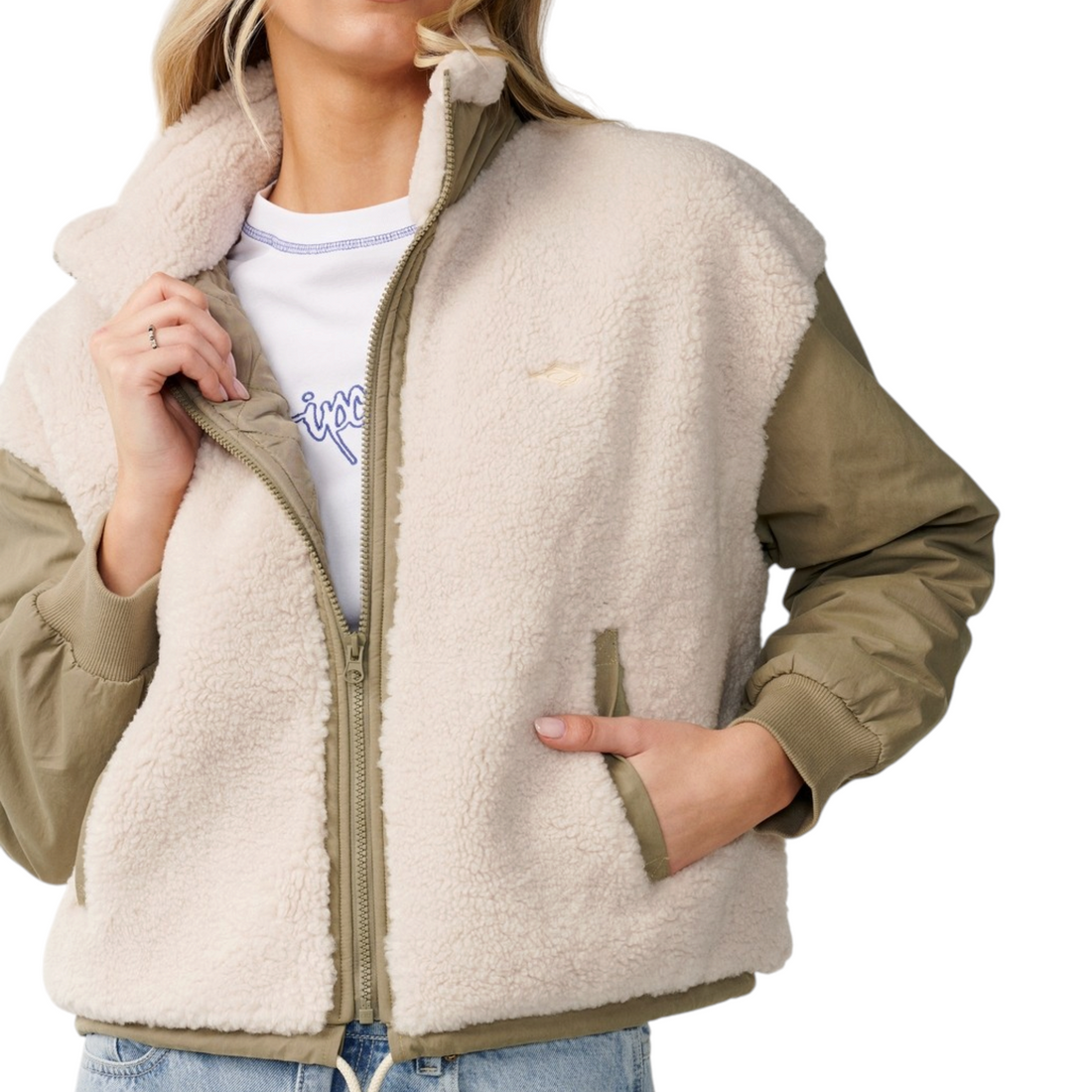 Veste Born2ride Rip Curl Venture Sherpa olive et crème avec fermeture zippée et texture peluche douce