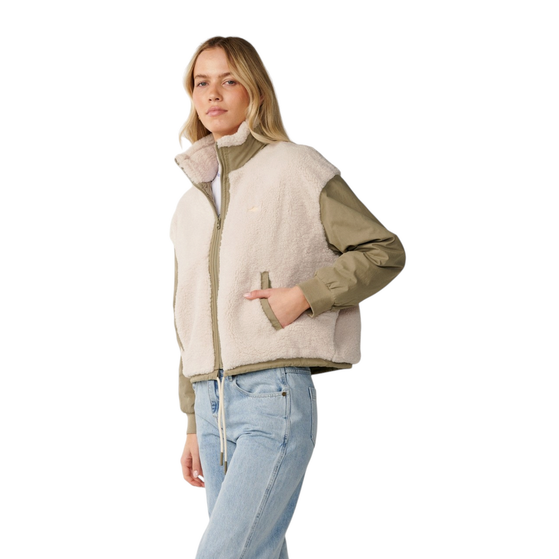 Veste sans manches Born2ride Rip Curl Venture Sherpa en sherpa beige et détails olive avec fermeture zippée
