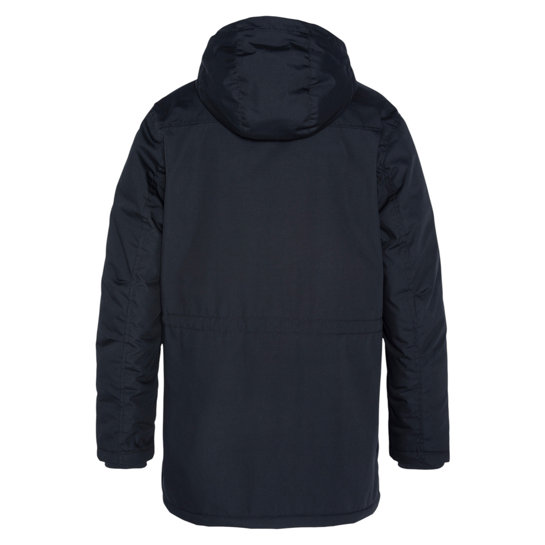 Vue arrière de la parka longue Born2ride Schott Bluster bleu marine avec capuche, en mélange coton et polyester