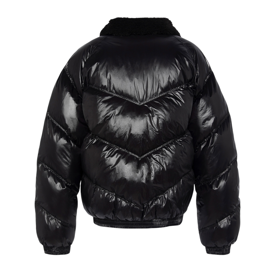 Vue arrière du blouson puffer noir brillant Schott Collin chez Born2ride avec col montant en polyester