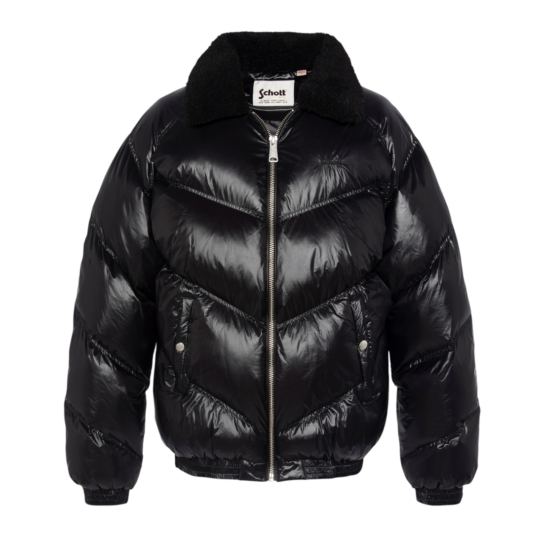 Blouson puffer noir brillant Schott Collin avec col en fourrure synthétique, style rétro 90s chez Born2ride