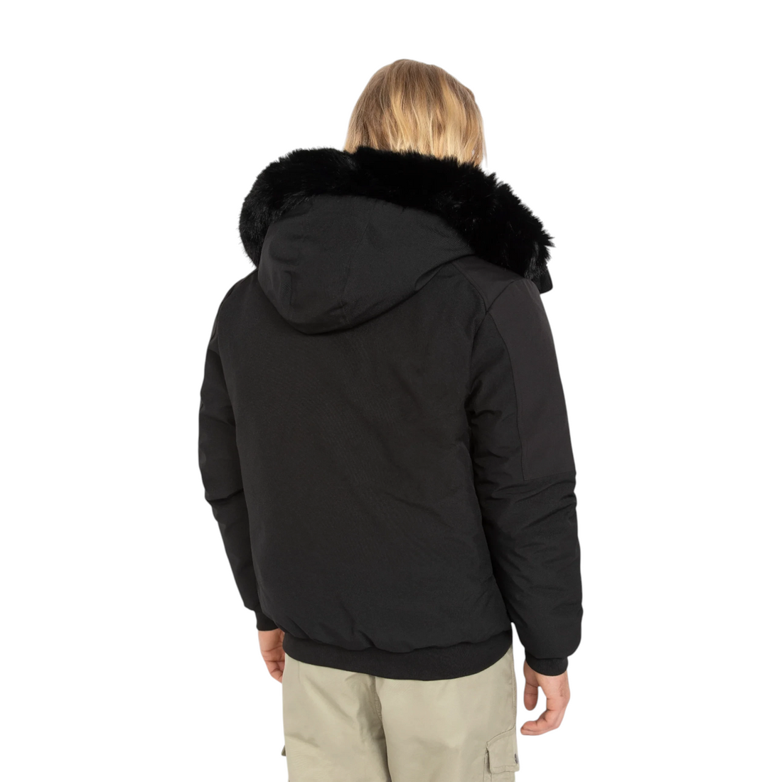 Blouson Born2ride Schott Gaveen noir en soft shell avec capuche ajustable et bordure en fausse fourrure vue de dos