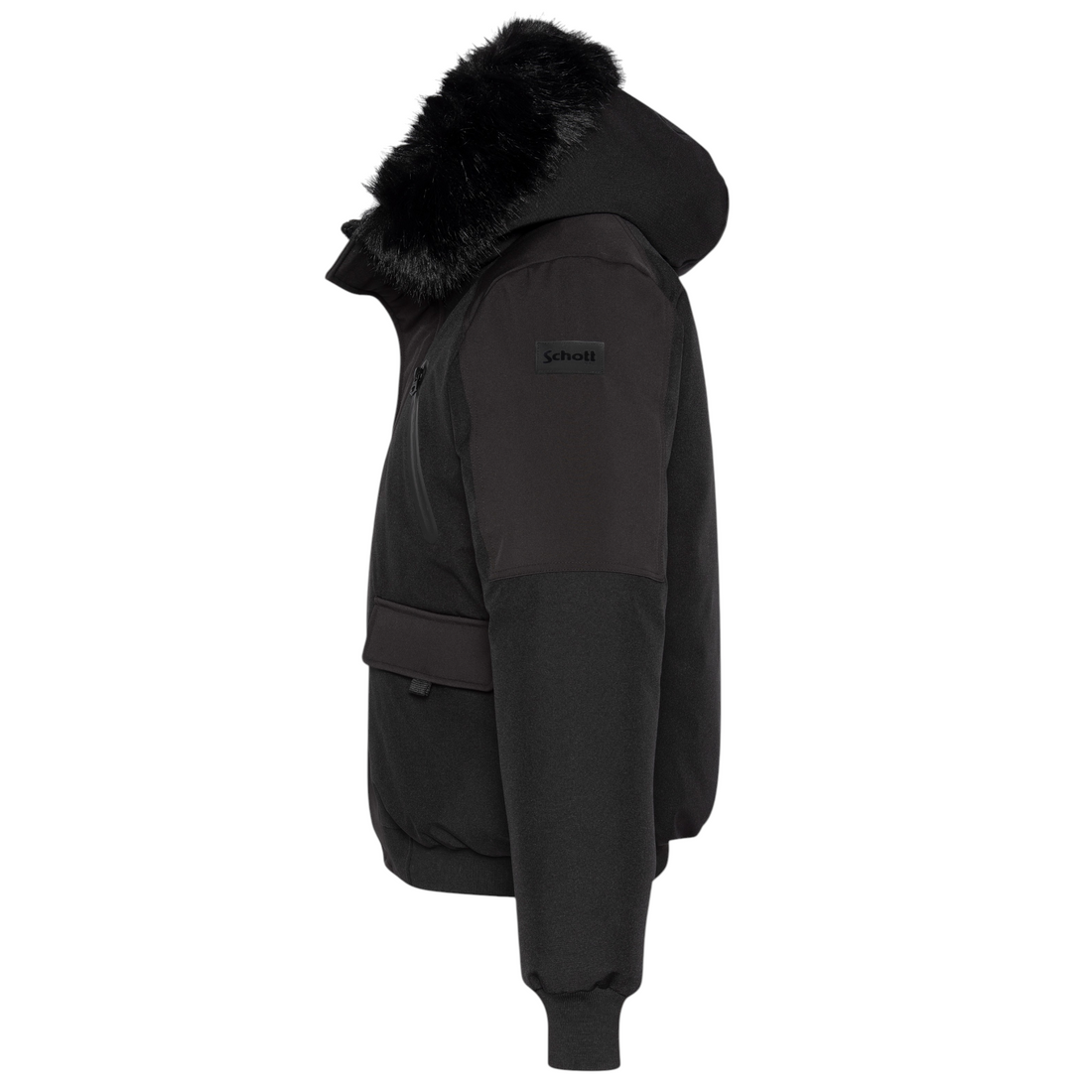 Blouson Born2ride Schott Gaveen noir en soft shell avec capuche à fourrure synthétique, vue de profil