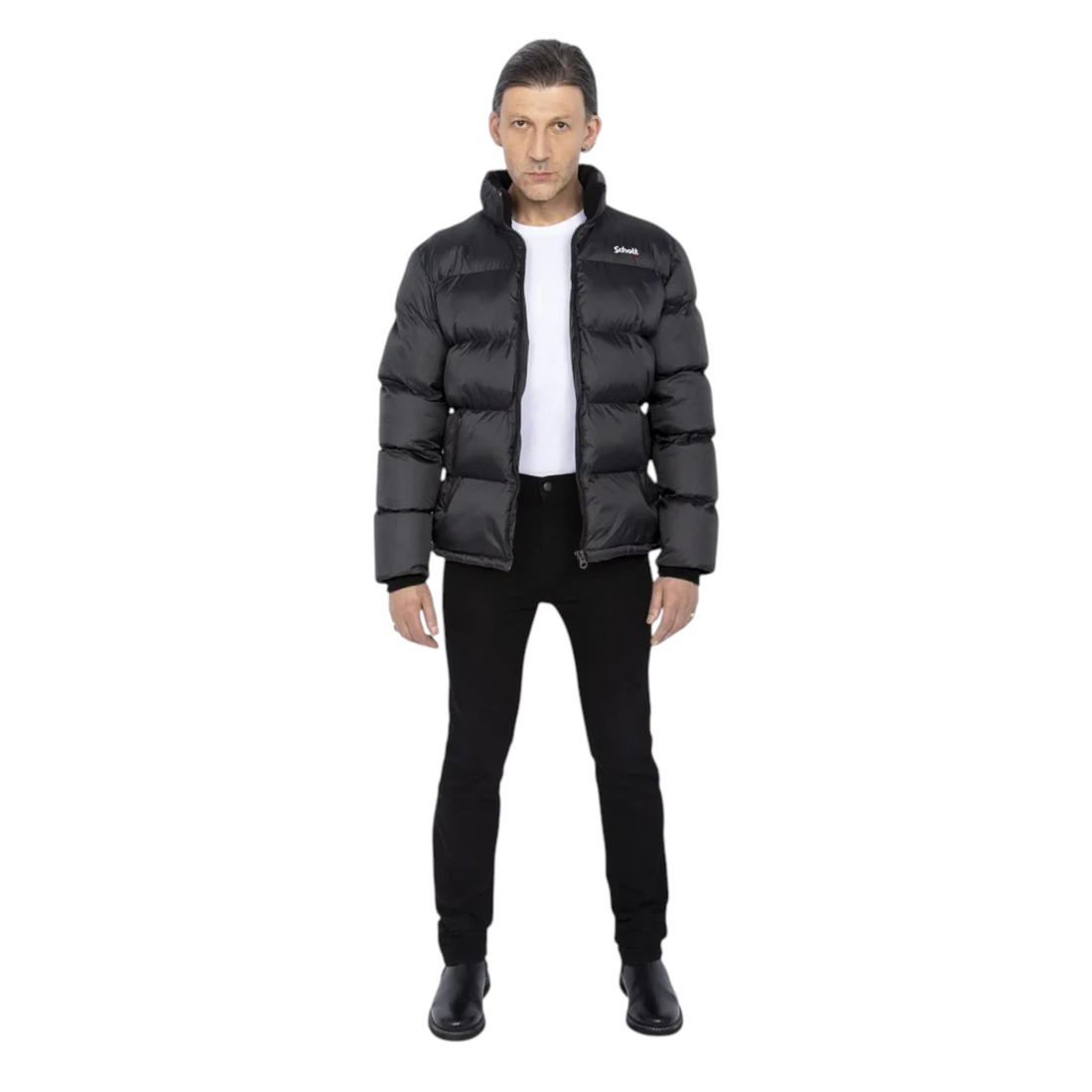 Homme portant la doudoune Born2ride Schott Idaho anthracite en nylon ripstop avec col montant et fermeture zippée