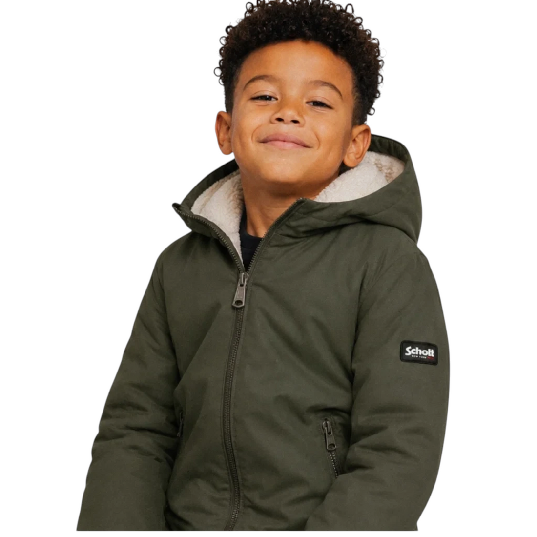 Enfant portant une parka kaki Born2ride Schott Jacksonb avec capuche doublée en sherpa et fermeture zippée