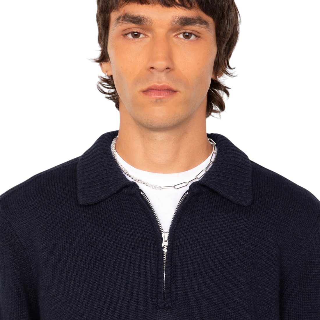 Homme portant un pull Born2ride Schott Pldillon2 bleu marine en maille fantaisie avec col polo zippé