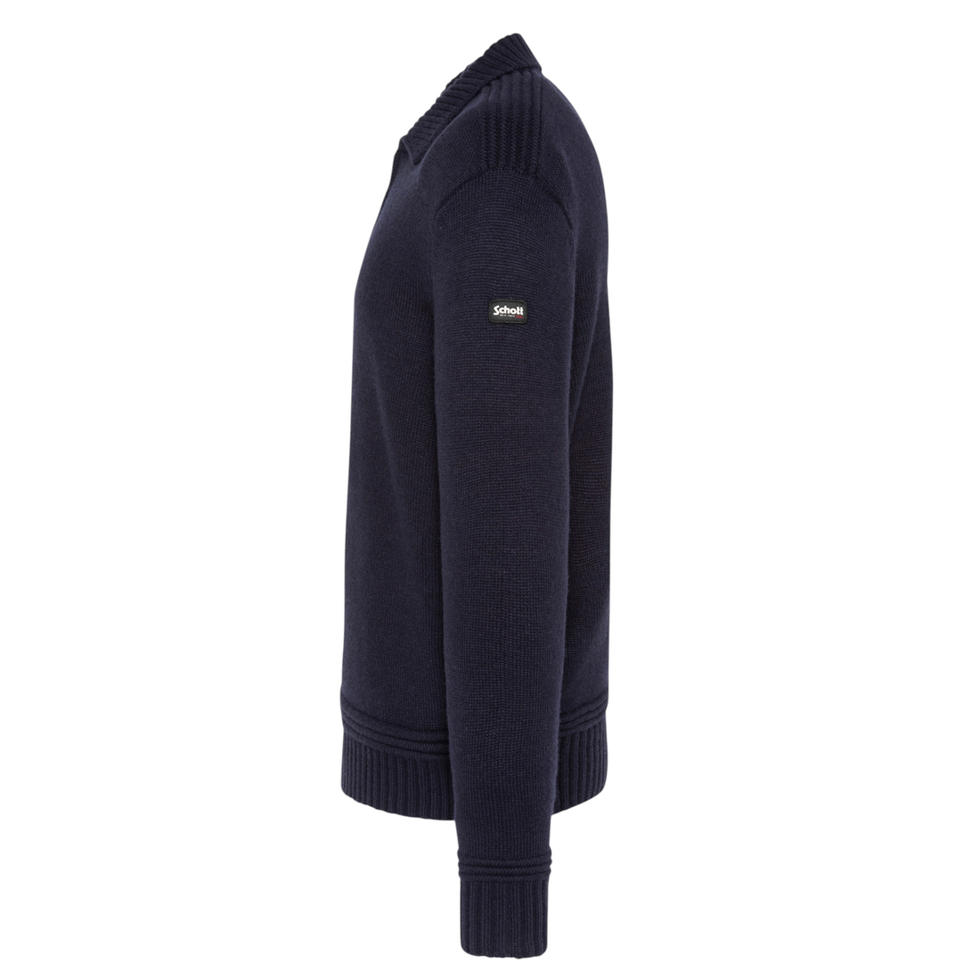 Pull Schott Pldillon2 bleu marine à col polo zippé et maille fantaisie, disponible chez Born2ride, vue de profil.