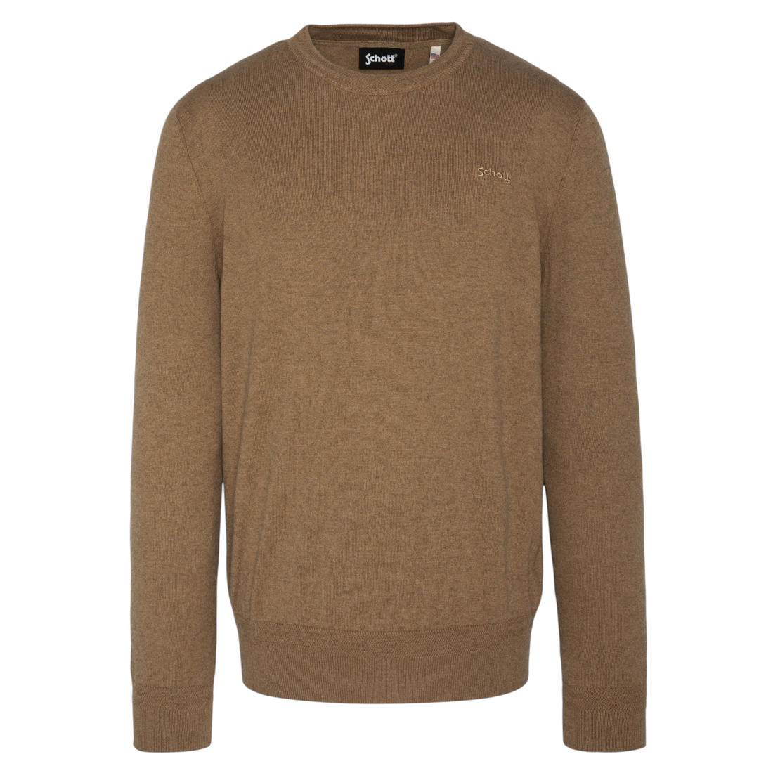Pull col rond Born2ride Schott en maille fine couleur camel avec logo brodé sur la poitrine