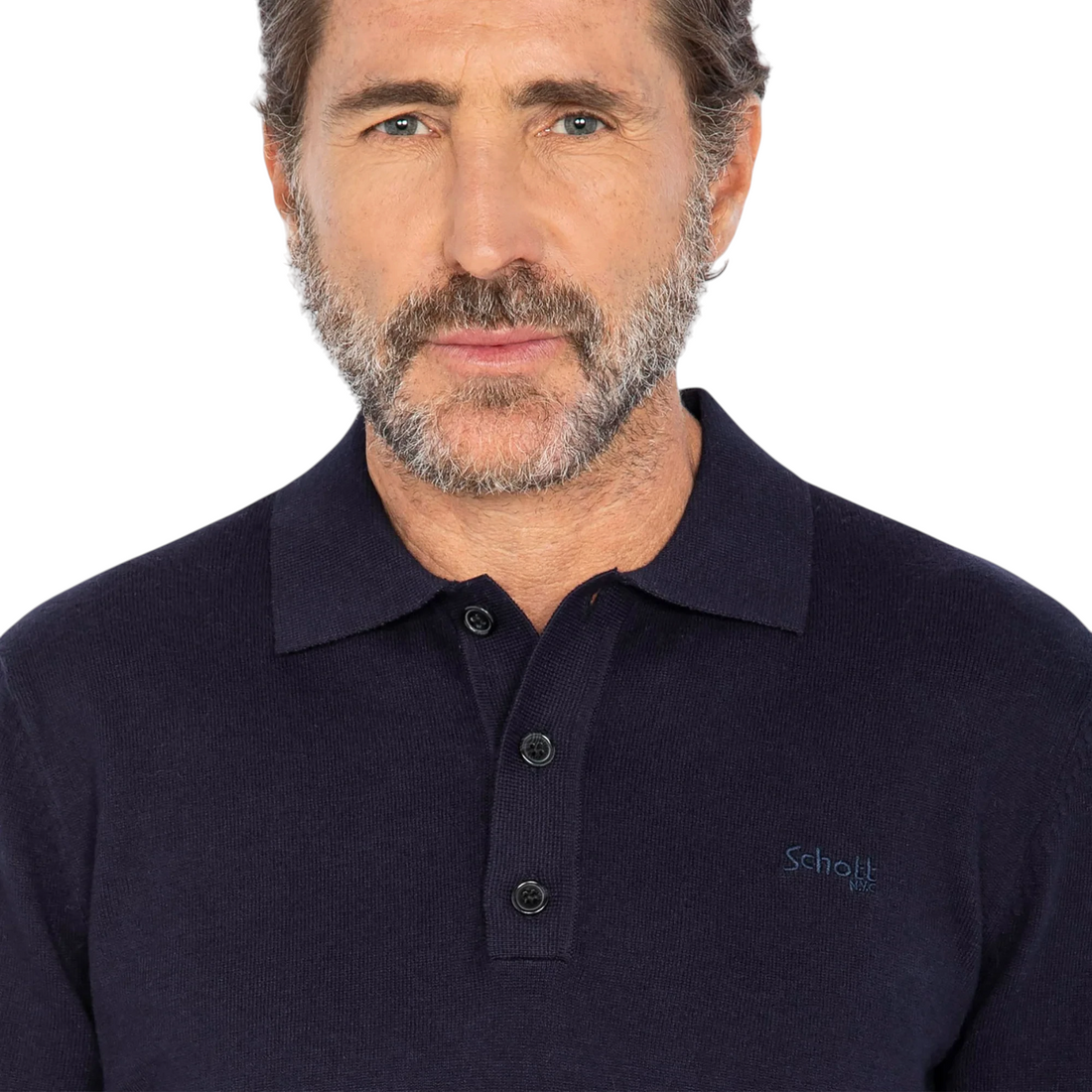 Pull polo Born2ride Schott Plbeal7 bleu marine en maille fine avec boutons et logo brodé porté par un homme