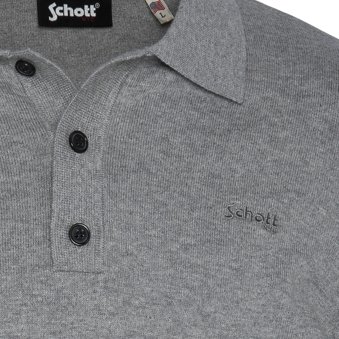 Pull polo Born2ride Schott en maille fine gris chiné avec boutons noirs et logo brodé sur la poitrine