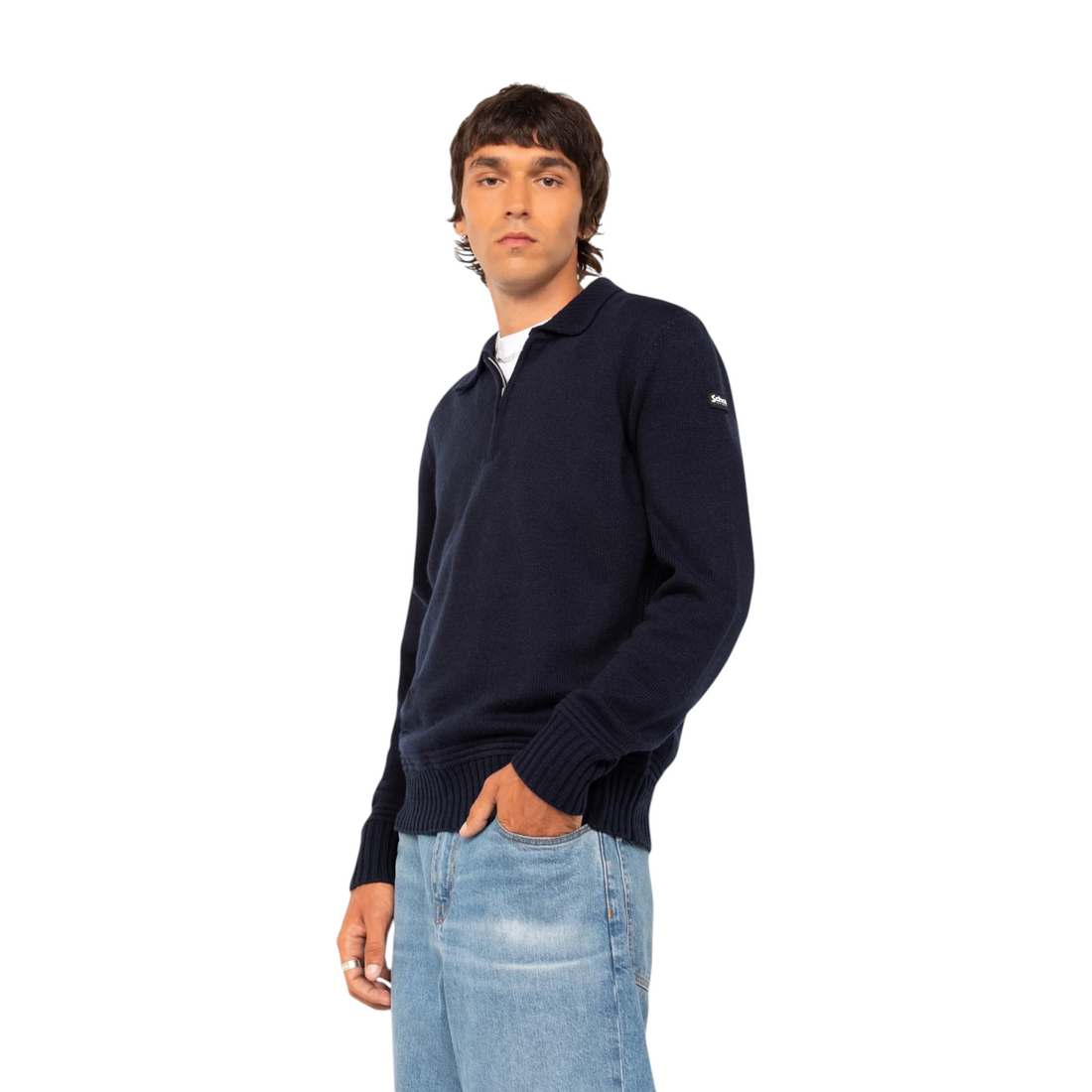 Homme portant un pull Born2ride Schott Pldillon2 bleu marine en maille fantaisie avec col polo zippé