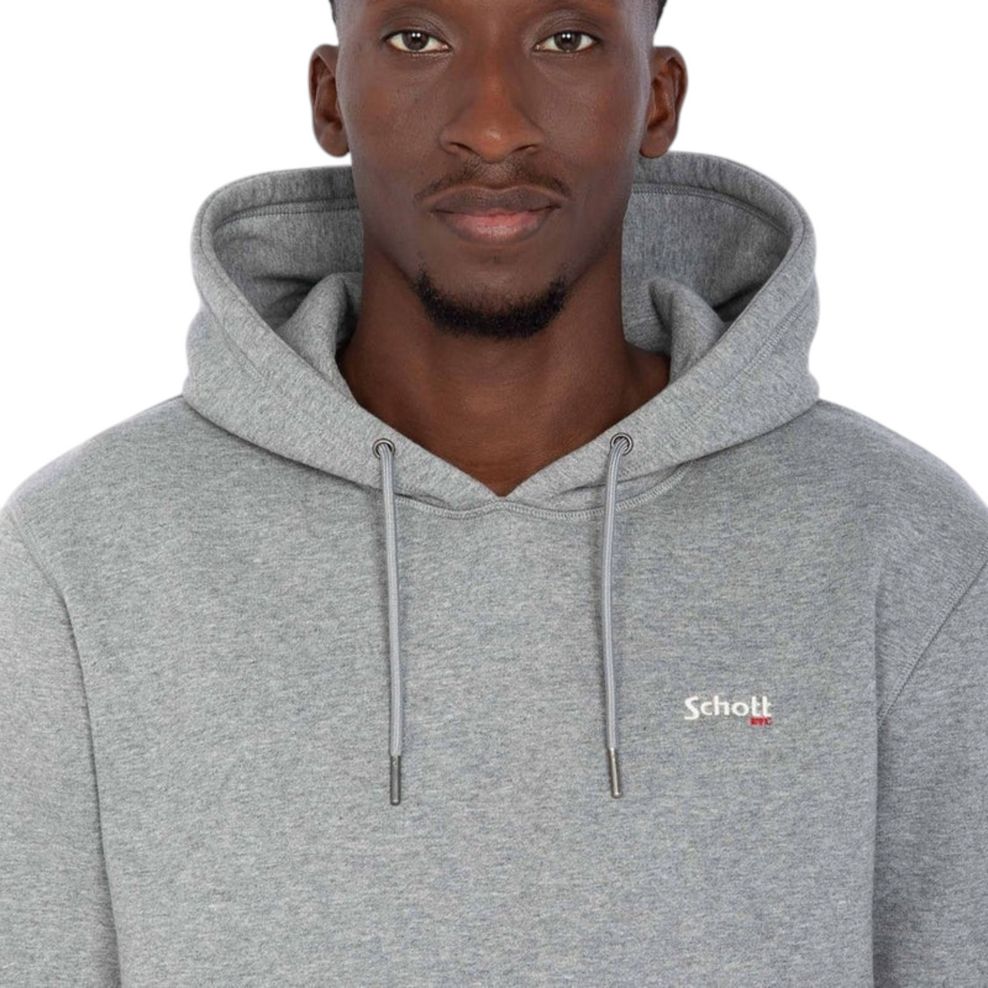 Homme portant un sweat à capuche Born2ride Schott gris chiné en molleton épais avec logo brodé sur la poitrine
