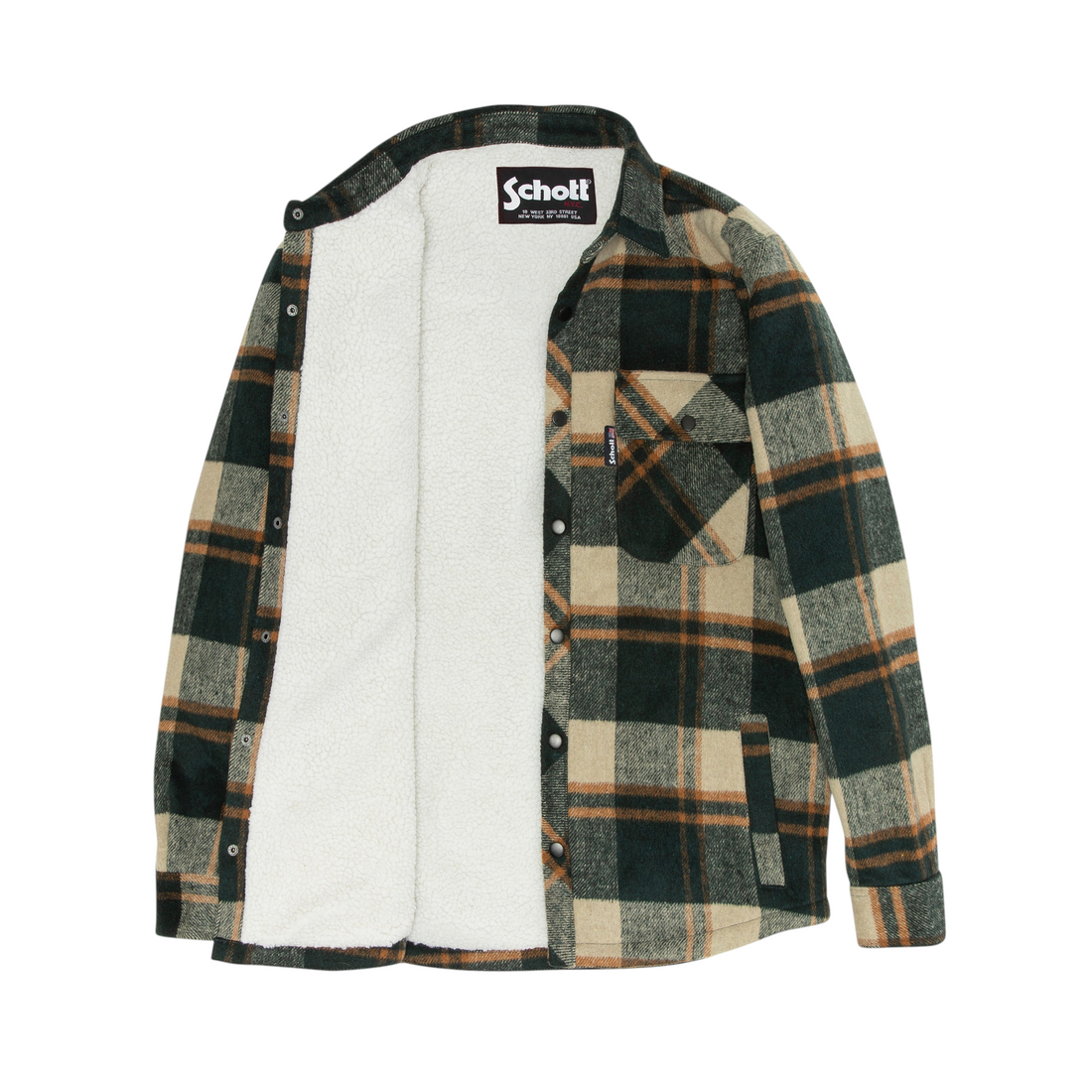 Veste Born2ride Schott Cary à carreaux verts et beiges avec doublure en sherpa blanche et fermeture boutonnée