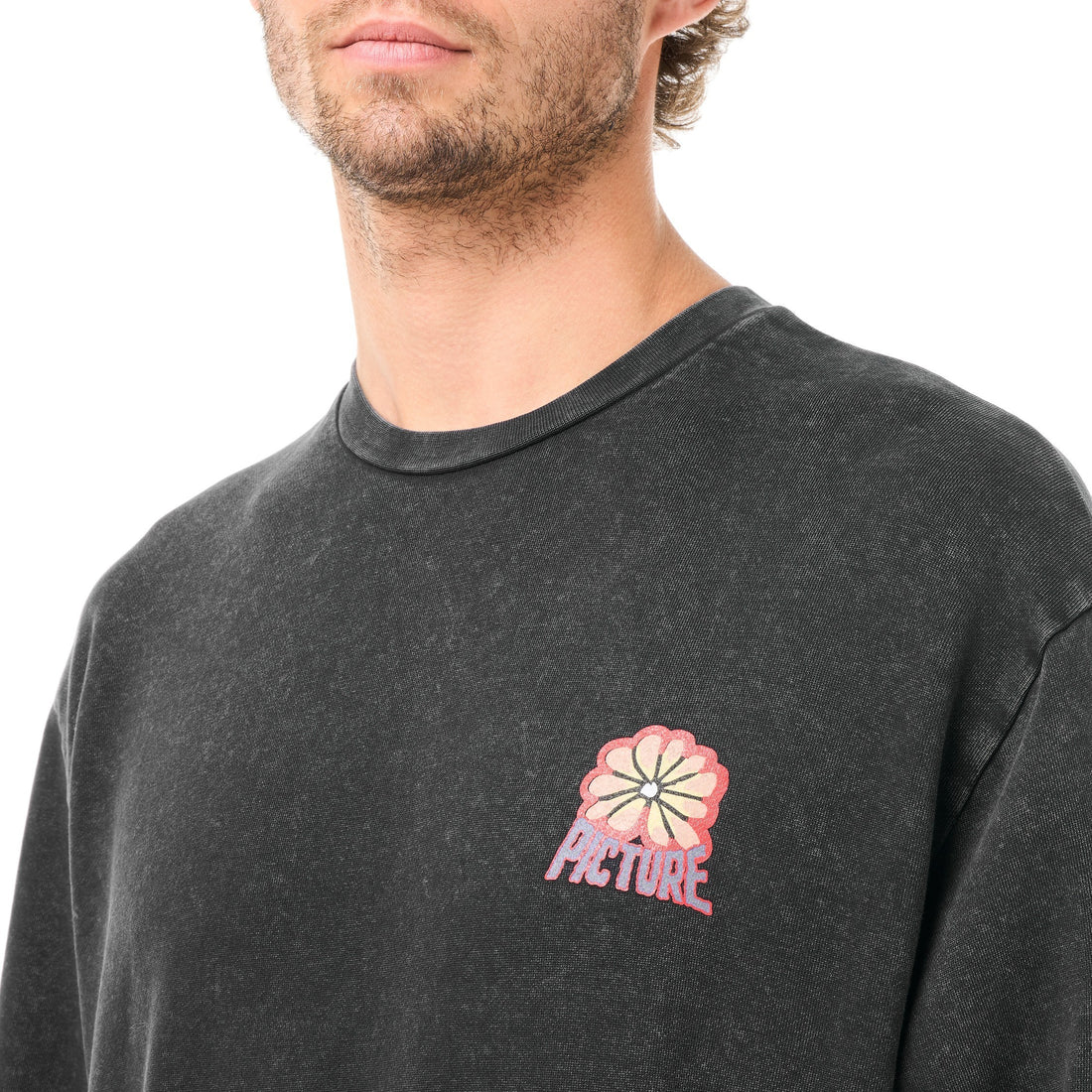 Sweat col rond Born2ride Picture Organic Karo Crew en coton biologique noir délavé avec logo floral sur la poitrine