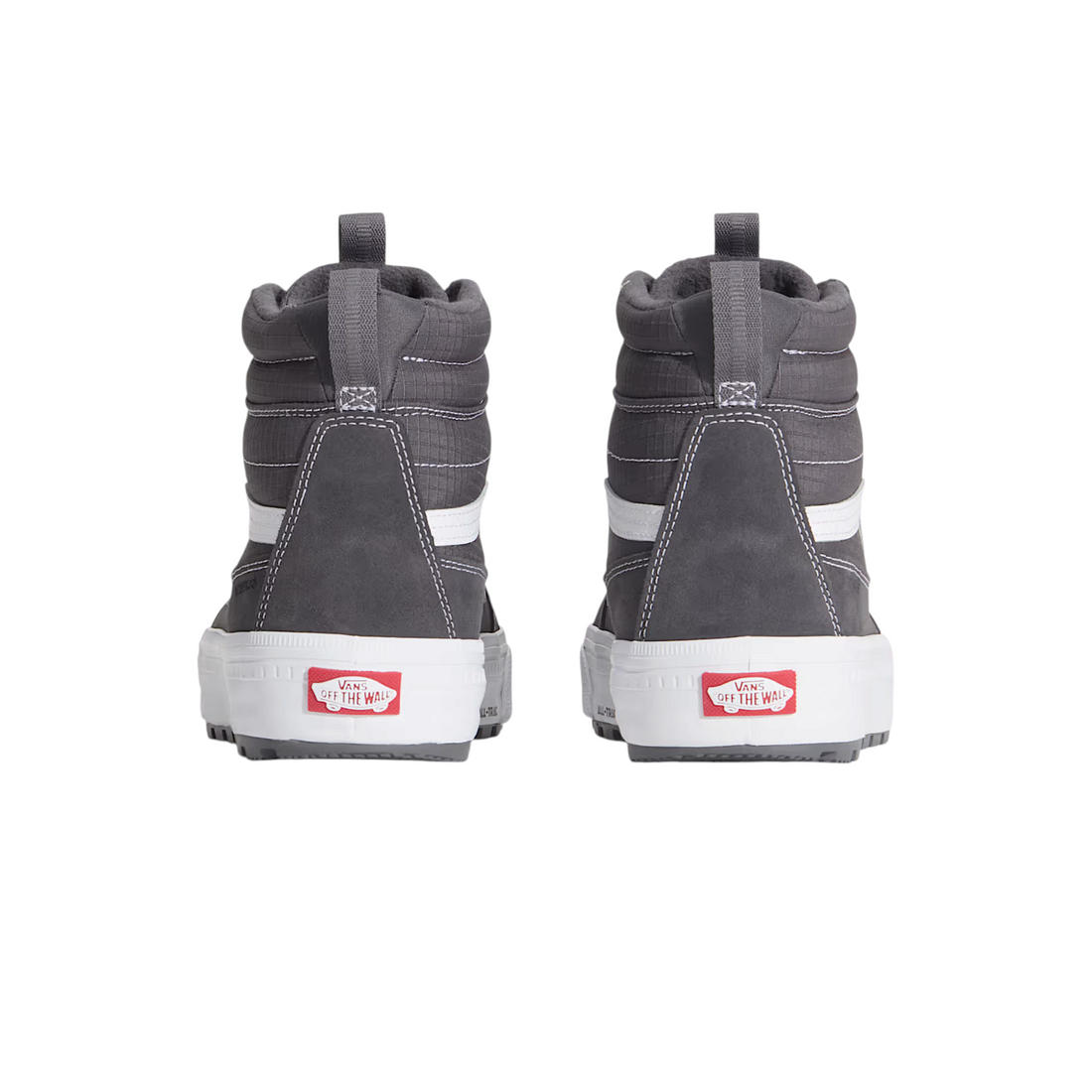 Vue arrière des baskets montantes Born2ride Vans Sk8-Hi MTE gris foncé, imperméables et isolées pour l'hiver.
