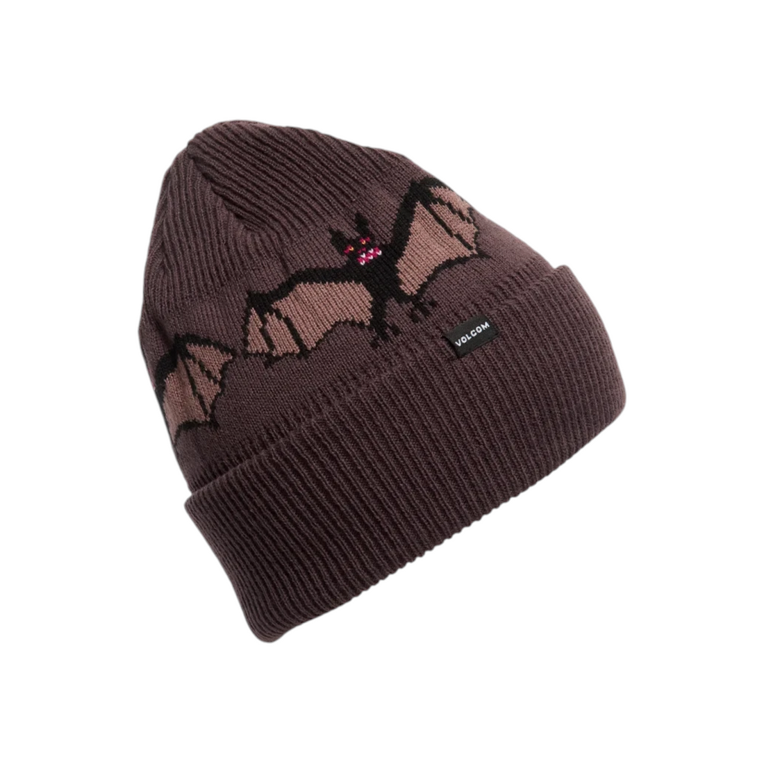 Bonnet Born2ride Volcom Fa Beanie Ozzy couleur raisin en maille avec motif chauve-souris et étiquette logo