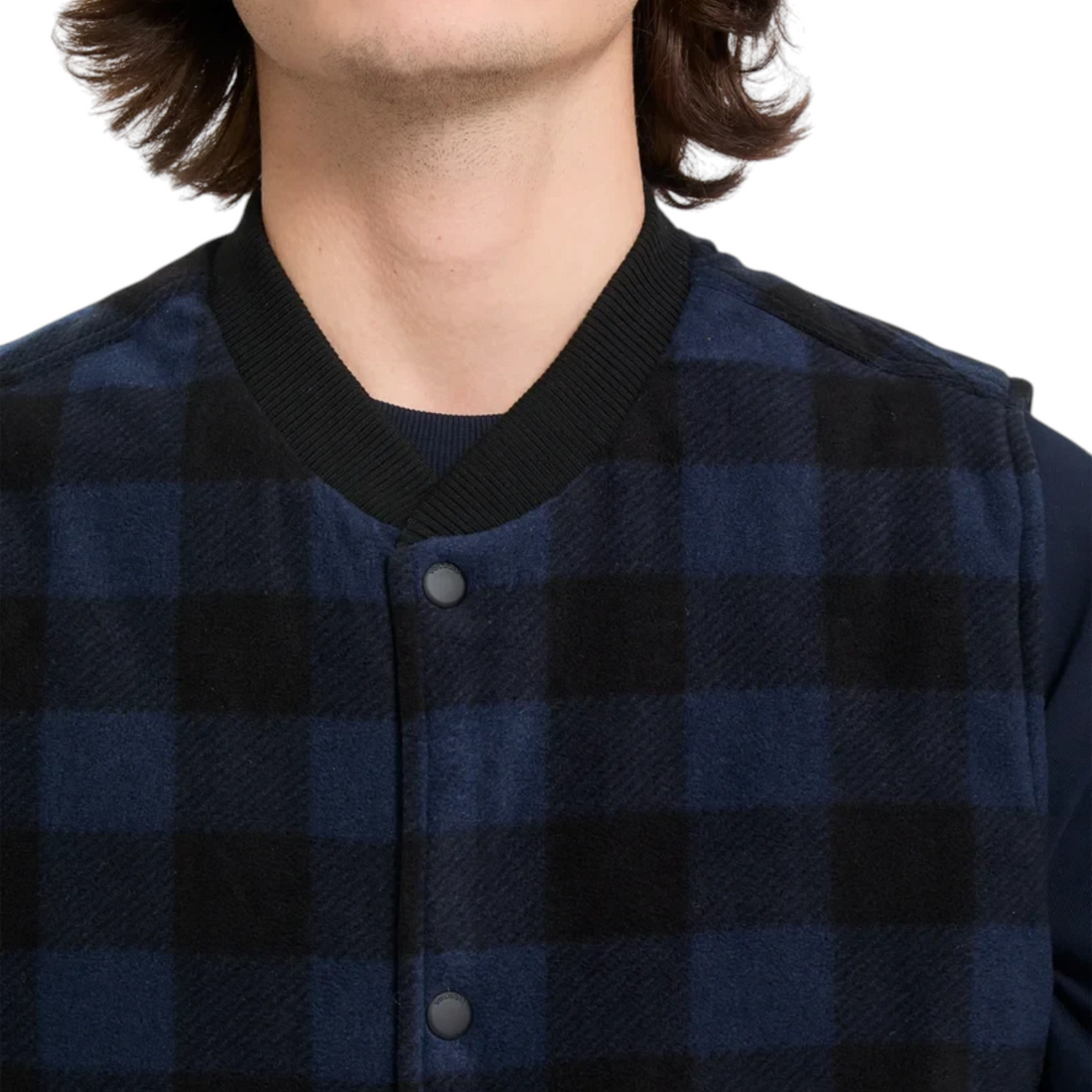 Gilet Born2ride Volcom Bowered à carreaux bleu marine et noir avec col côtelé et fermeture à boutons-pression