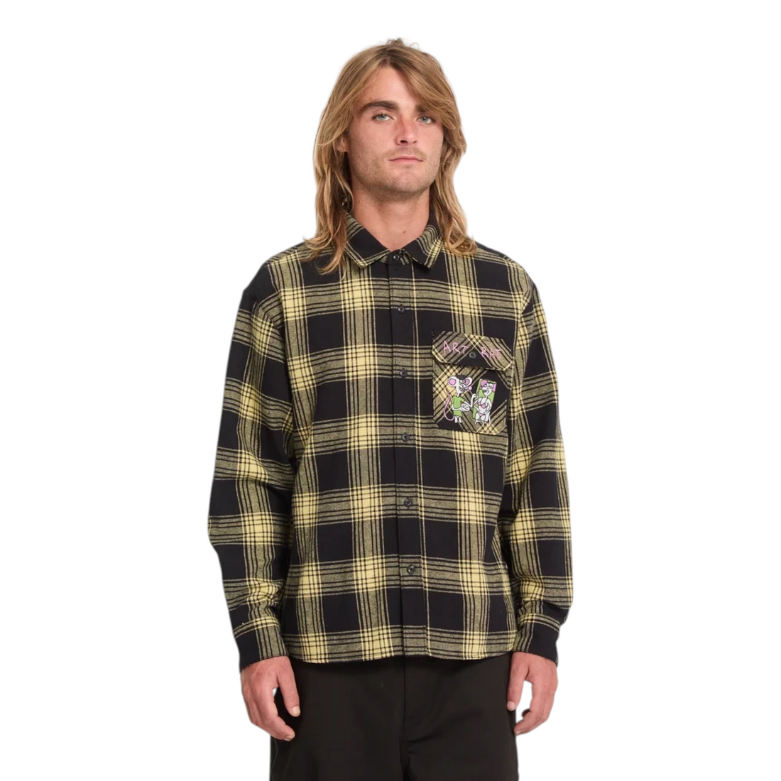 Homme portant une chemise Born2ride Volcom Fa Ozzy Plaid LS en coton jaune moutarde et noir à carreaux avec broderie