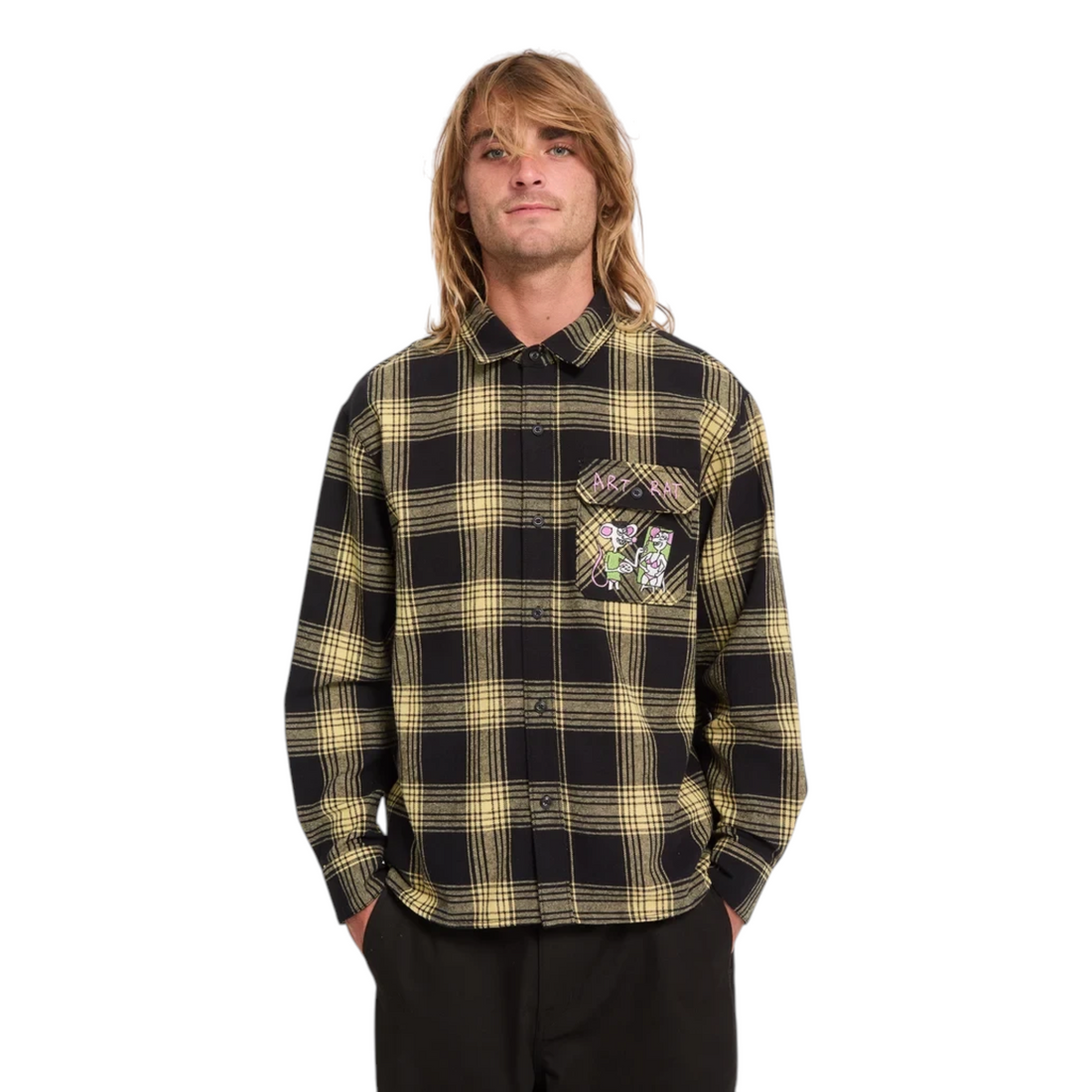 Homme portant une chemise Born2ride Volcom Fa Ozzy Plaid LS en coton jaune moutarde et noir à carreaux