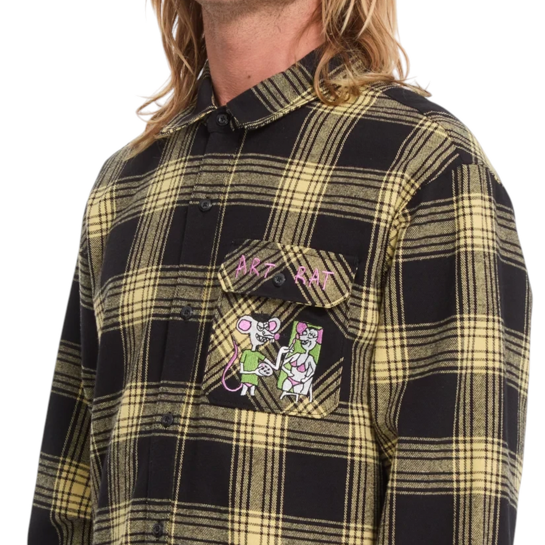 Chemise Born2ride Volcom Fa Ozzy Plaid à carreaux moutarde et noir avec broderie Art Rat sur la poche poitrine