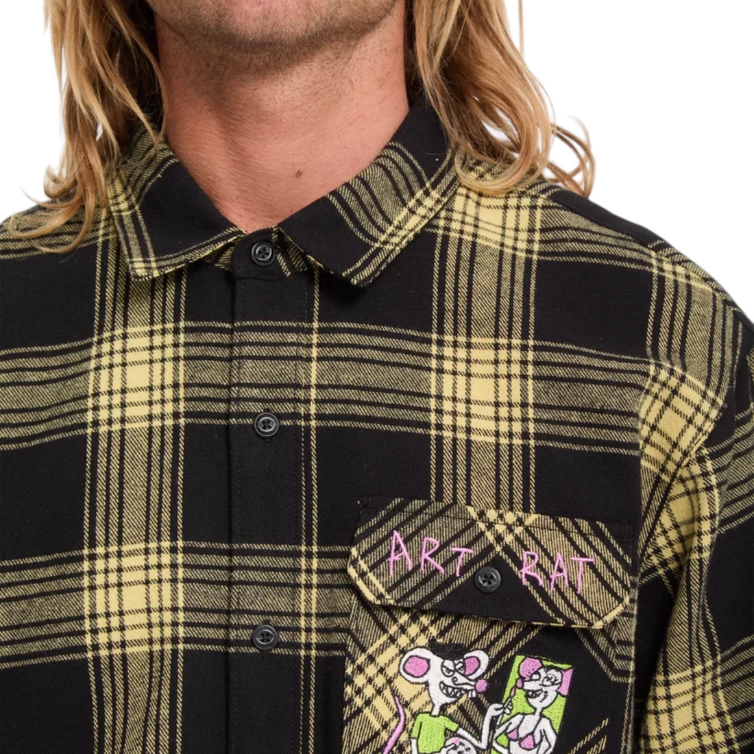 Chemise Born2ride Volcom Fa Ozzy Plaid à manches longues en coton moutarde et noir avec broderies sur la poche