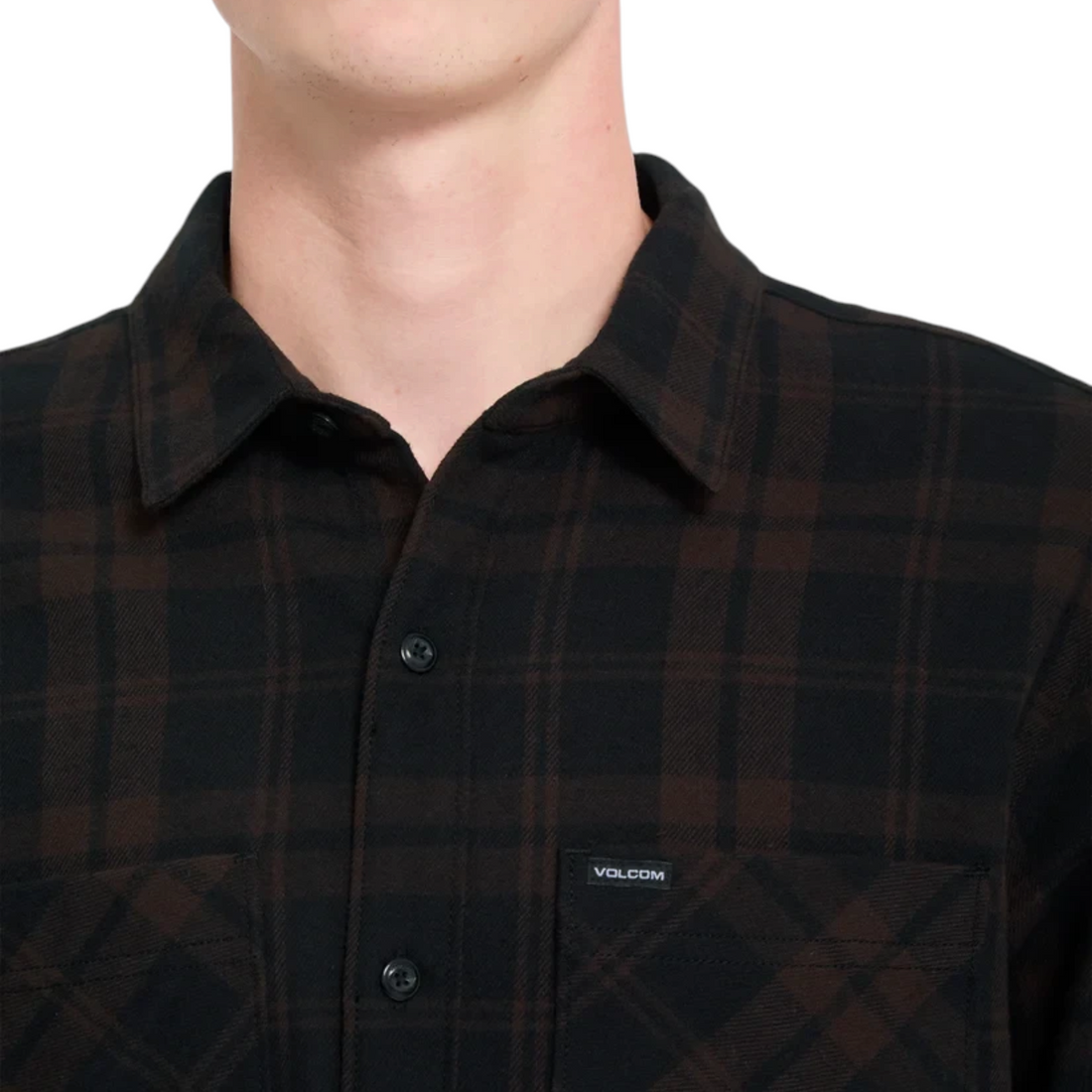 Chemise en flanelle Born2ride Volcom Hunkstone LS couleur cacao à carreaux avec poche poitrine et logo