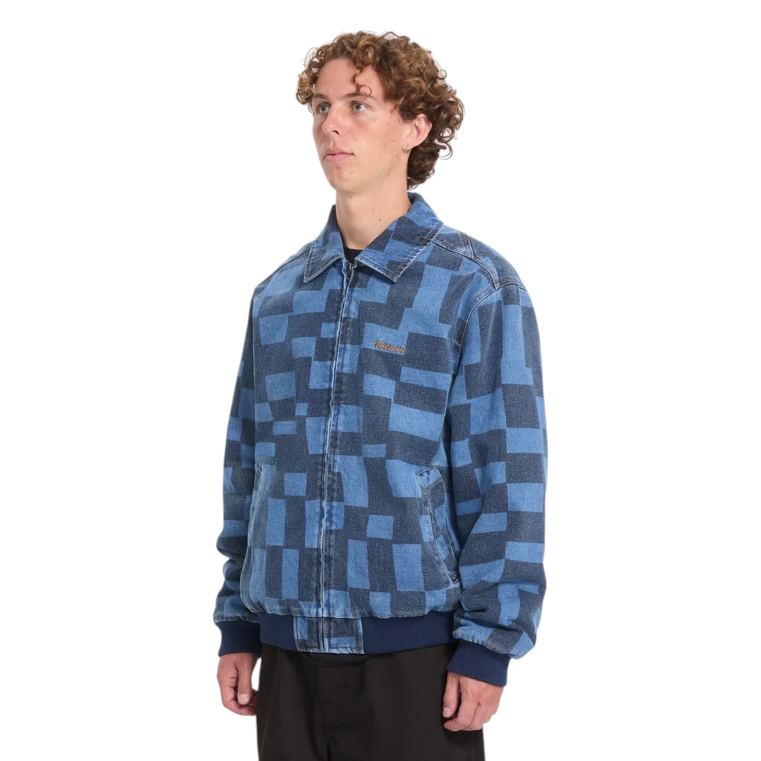 Veste Born2ride Volcom Fa Carrau en jean bleu à motif damier géométrique avec fermeture éclair et col classique
