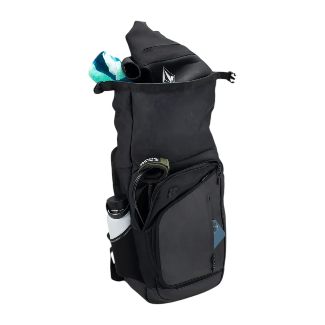 Sac à dos étanche noir Volcom Forecast de Born2ride avec compartiment pour bouteille et équipement de surf