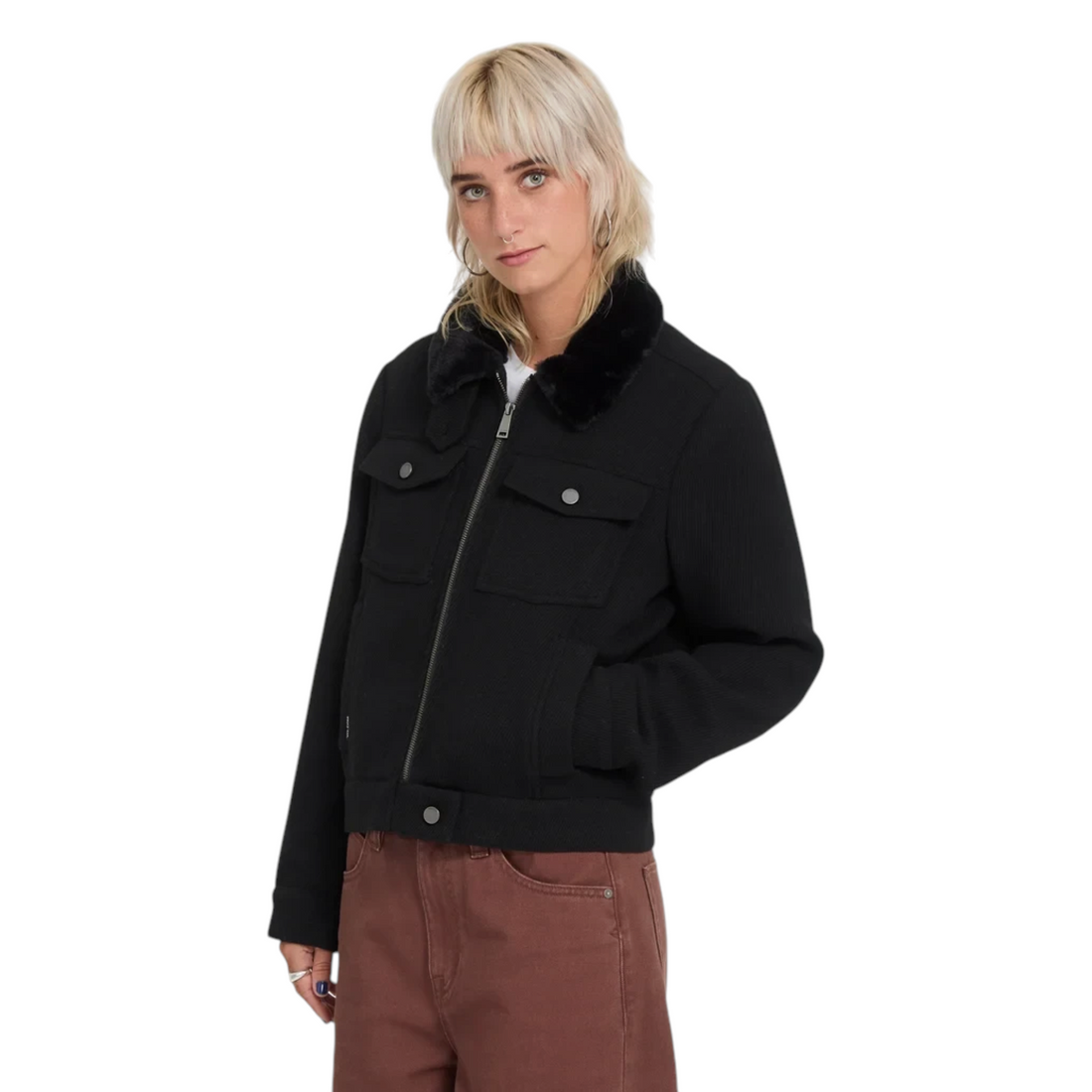 Veste femme noire Born2ride Volcom Gilscot avec col en fausse fourrure, poches poitrine et fermeture zippée
