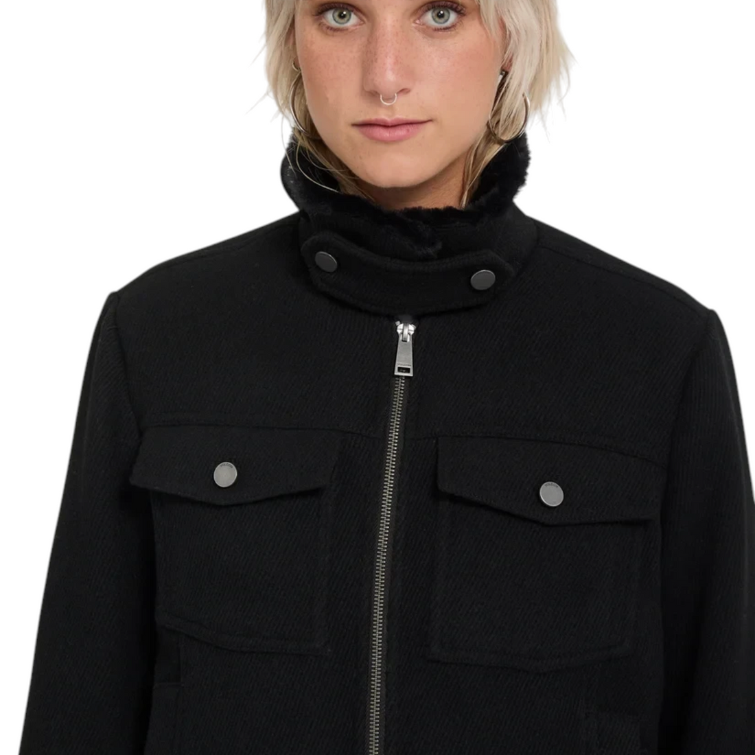 Veste noire Born2ride Volcom Gilscot avec col en fausse fourrure, fermeture zippée et poches poitrine plaquées