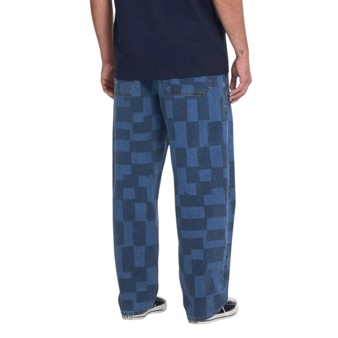 Jean Born2ride Volcom Fa Carrau EW à coupe droite avec motif géométrique bleu délavé au laser vu de dos