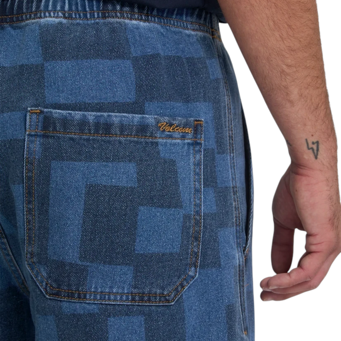 Jean Born2ride Volcom Fa Carrau EW bleu à motif géométrique délavé lazer et poche arrière avec logo brodé