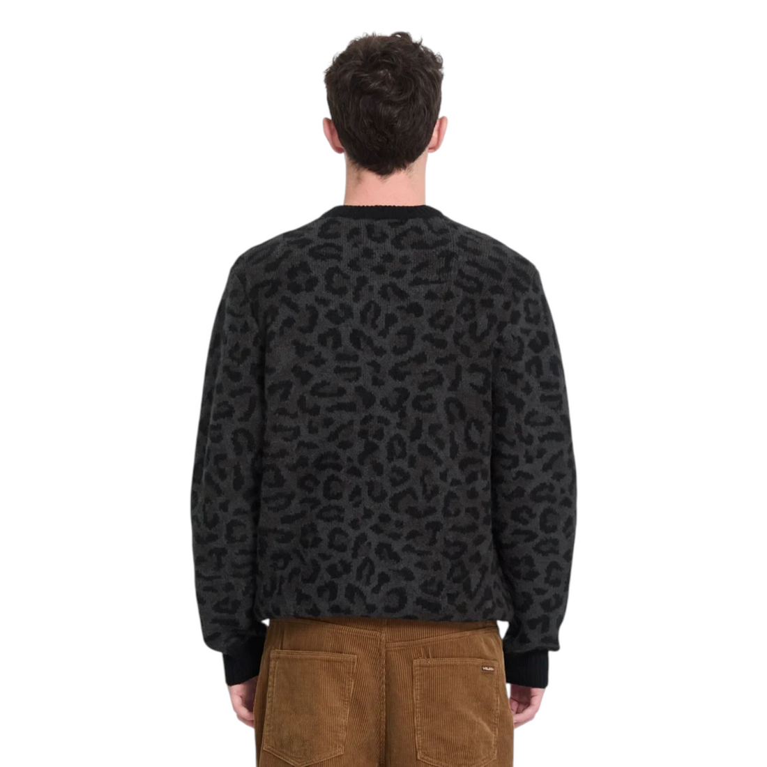 Vue arrière du pull Born2ride Volcom Leopold noir à motif léopard en maille tricotée avec col rond