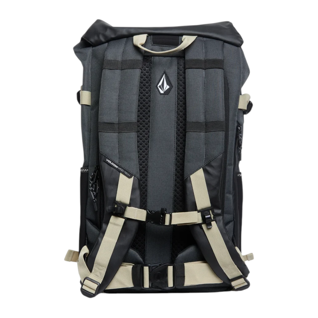 Vue arrière du sac à dos technique Born2ride Volcom Peakstone gris avec bretelles rembourrées et sangles de maintien