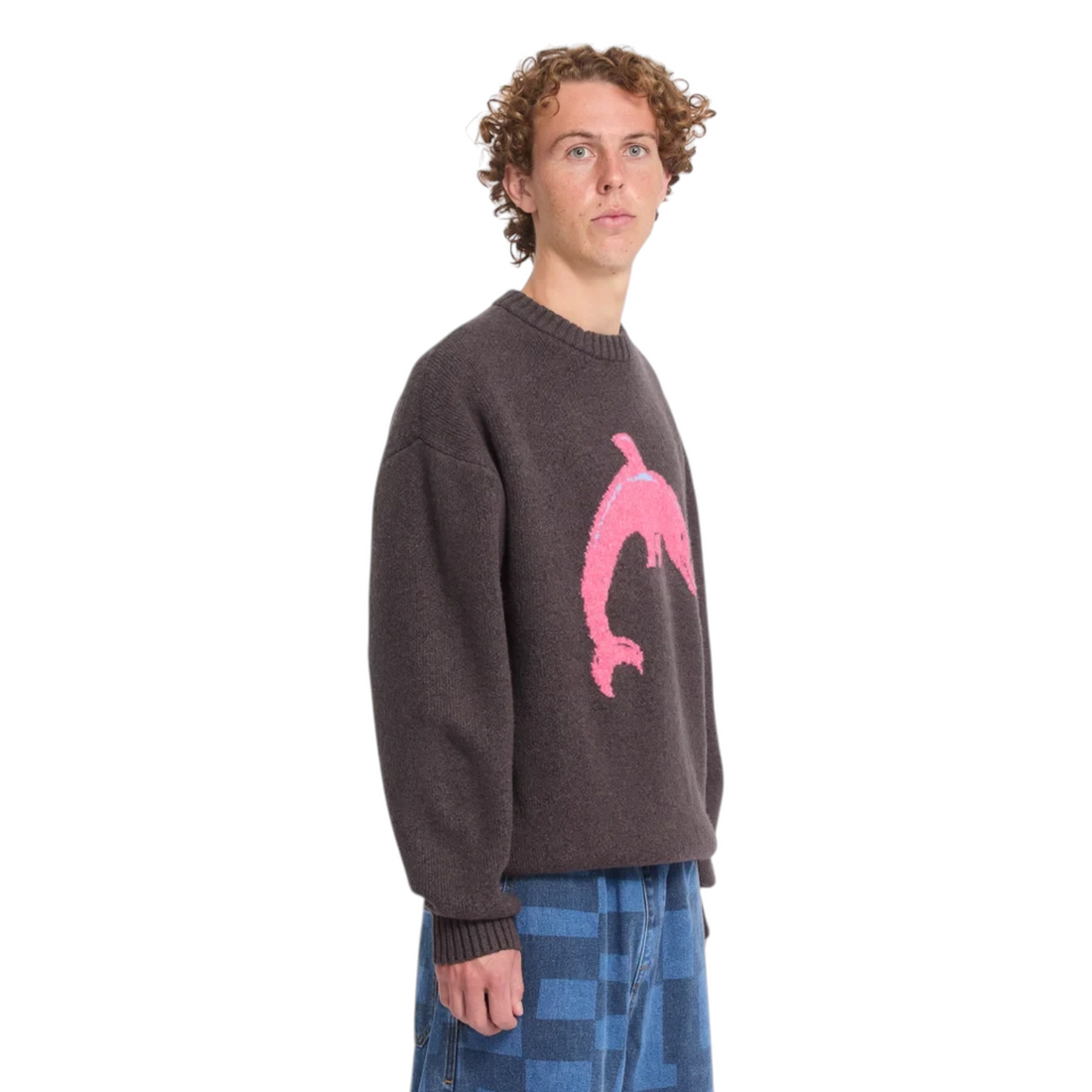 Pull Born2ride Volcom Fa Ozzy Dolphin couleur raisin avec motif dauphin rose, coupe décontractée en maille