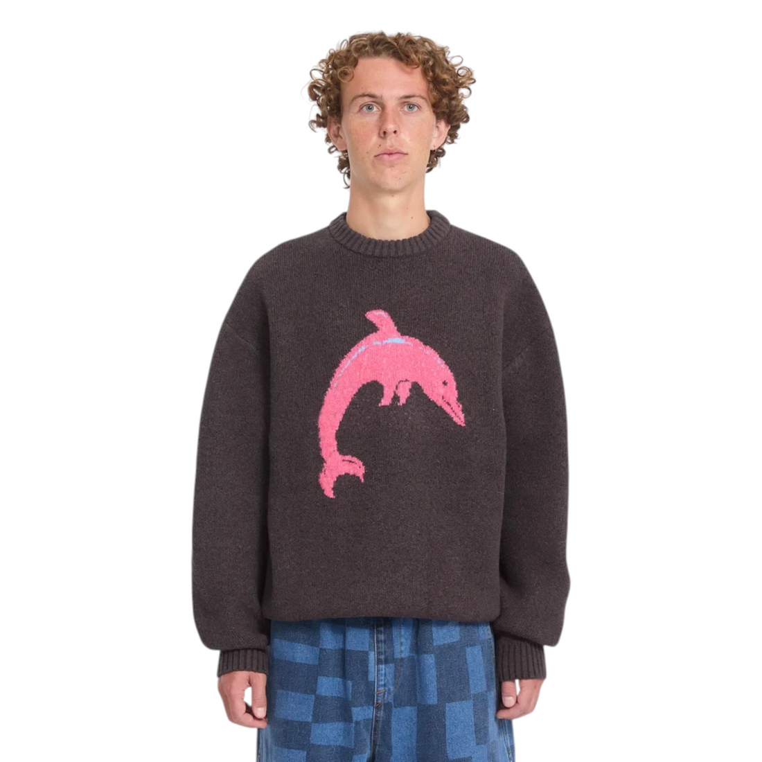 Pull Born2ride Volcom Fa Ozzy Dolphin couleur raisin avec motif dauphin rose en maille nylon et acrylique