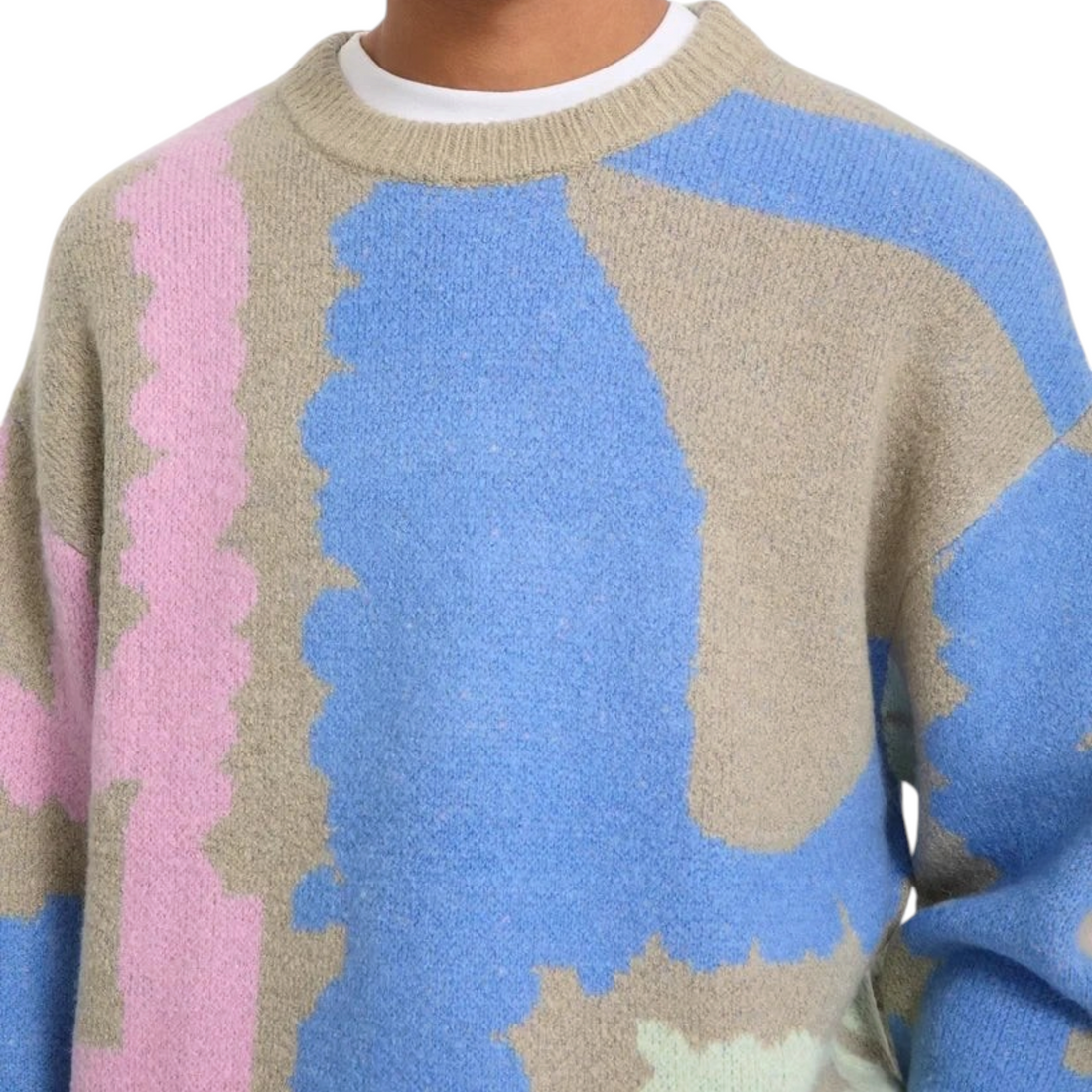 Pull homme Born2ride Volcom Fa Carrau en tricot doux avec motif abstrait multicolore bleu, beige et rose