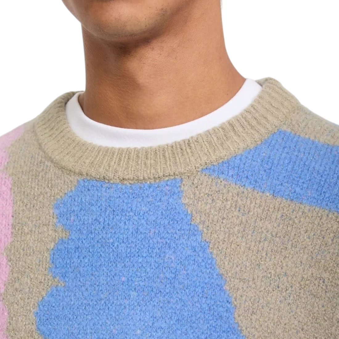 Pull homme Born2ride Volcom Fa Carrau en tricot doux avec motifs abstraits bleu et beige et col rond