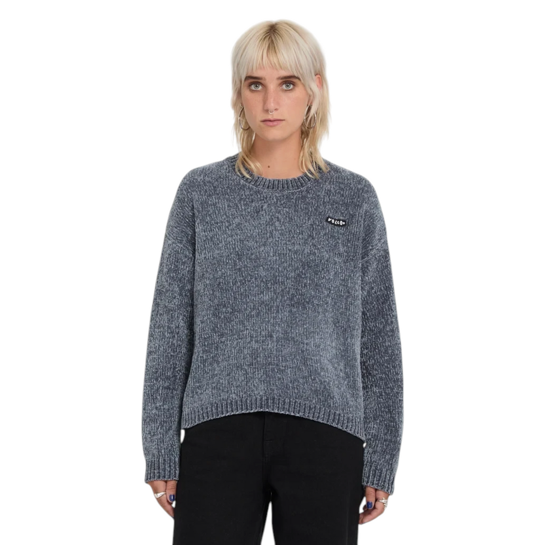 Pull en maille Born2ride Volcom Bubble Tease bleu orage pour femme avec col rond et logo discret sur la poitrine