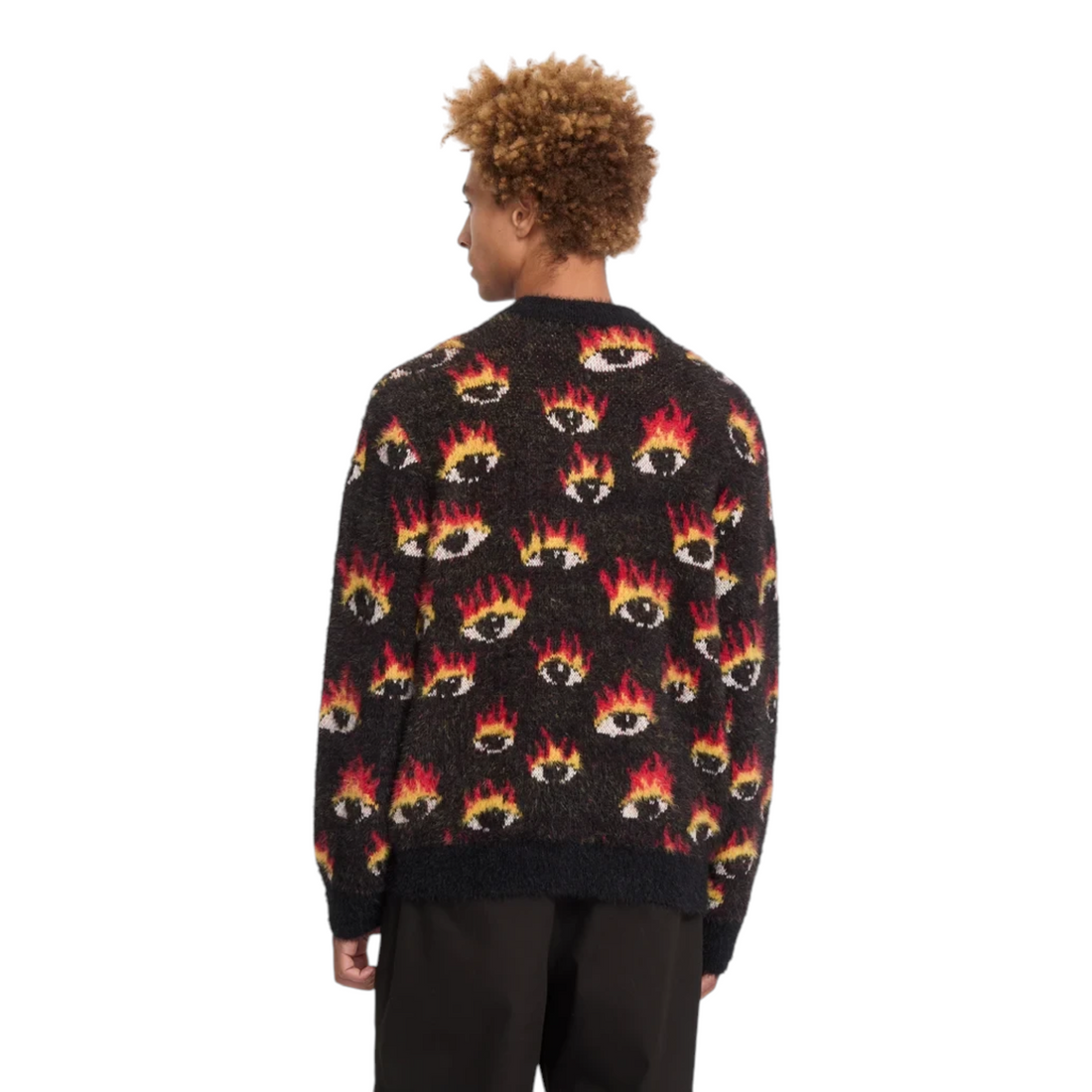 Pull Born2ride Volcom noir en mélange nylon et acrylique avec motif graphique d'yeux enflammés, vue de dos