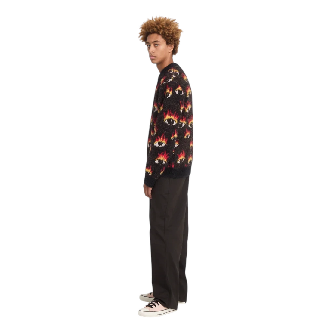 Pull Born2ride Volcom Fa Ozzy Swtr Eyes noir avec motif graphique d'yeux en nylon et acrylique porté par un mannequin