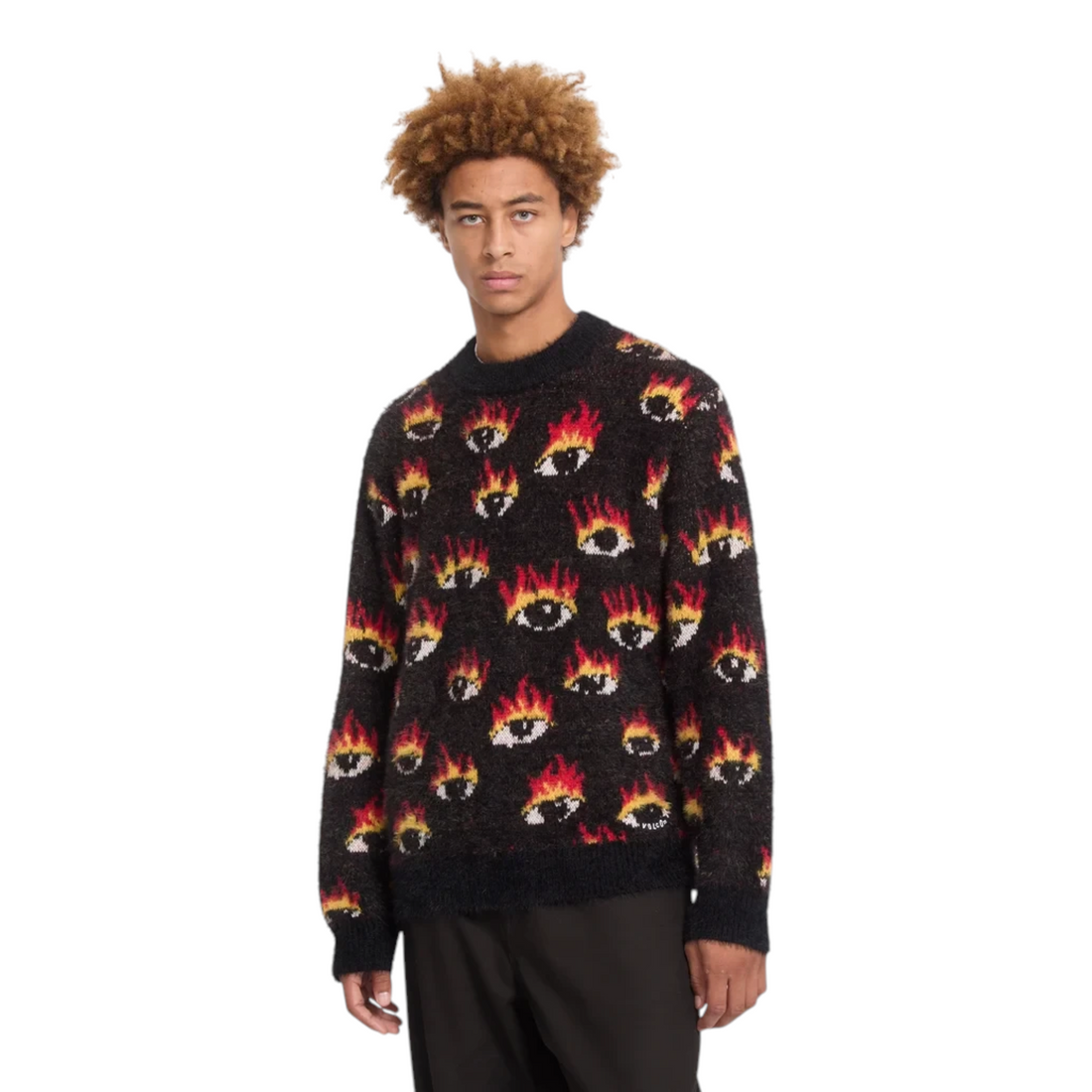 Pull Born2ride Volcom noir en nylon et acrylique avec motif graphique d'yeux enflammés porté par un mannequin