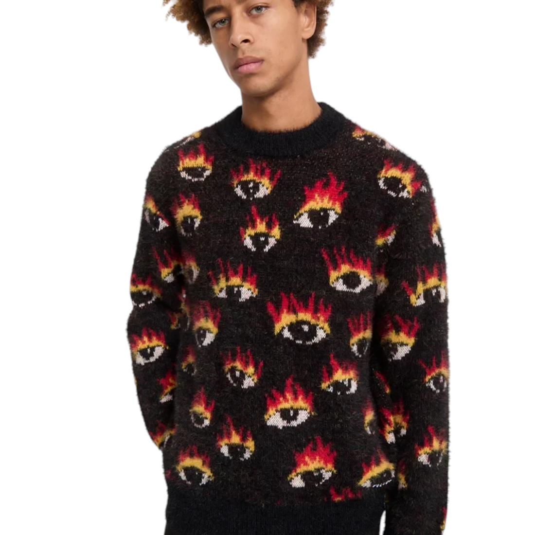 Pull Born2ride Volcom Fa Ozzy Swtr Eyes noir en maille duveteuse avec motif graphique d'yeux enflammés