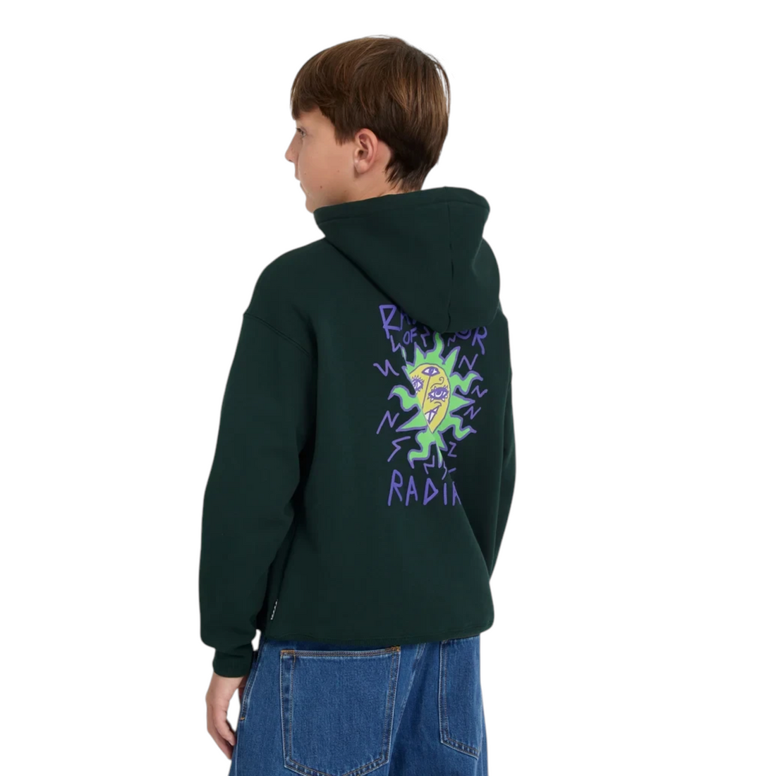 Enfant portant un sweat à capuche vert foncé Born2ride Volcom avec un motif graphique coloré au dos