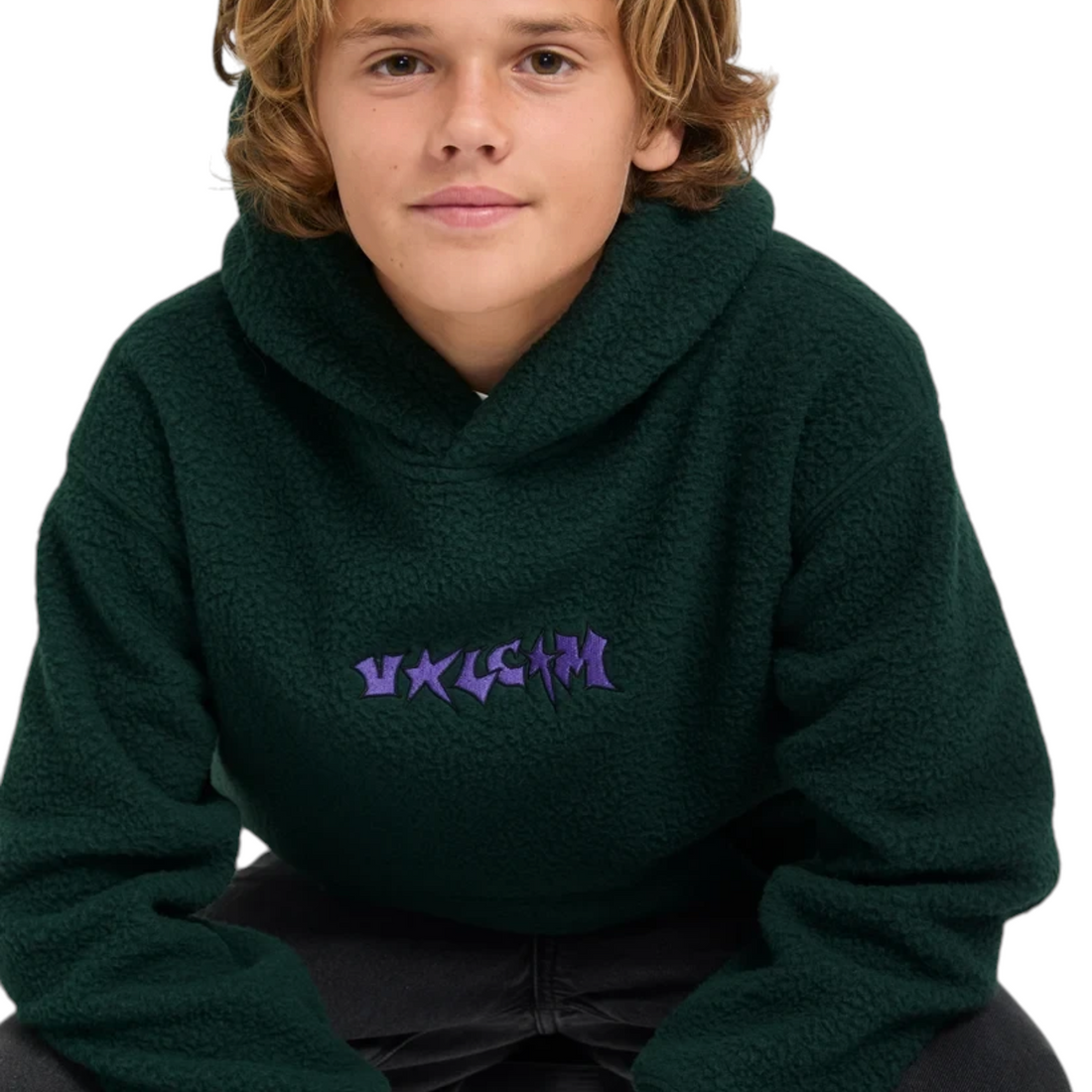 Sweat à capuche Born2ride Volcom Toogoat Po vert forêt en polaire texturée avec logo violet pour enfant