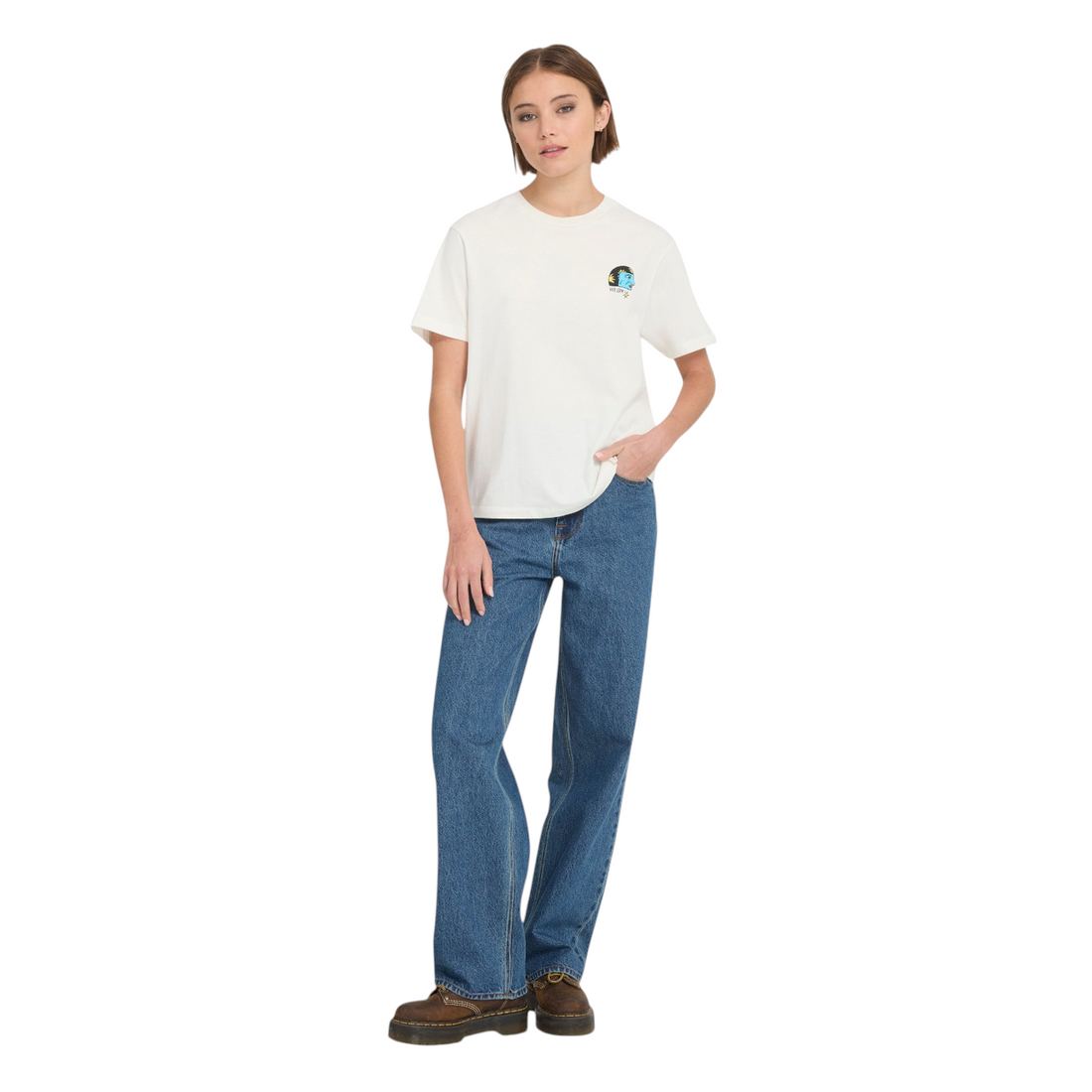 Mannequin portant le t-shirt Born2ride Volcom Radical Daze Up blanc cassé en coton avec imprimé graphique