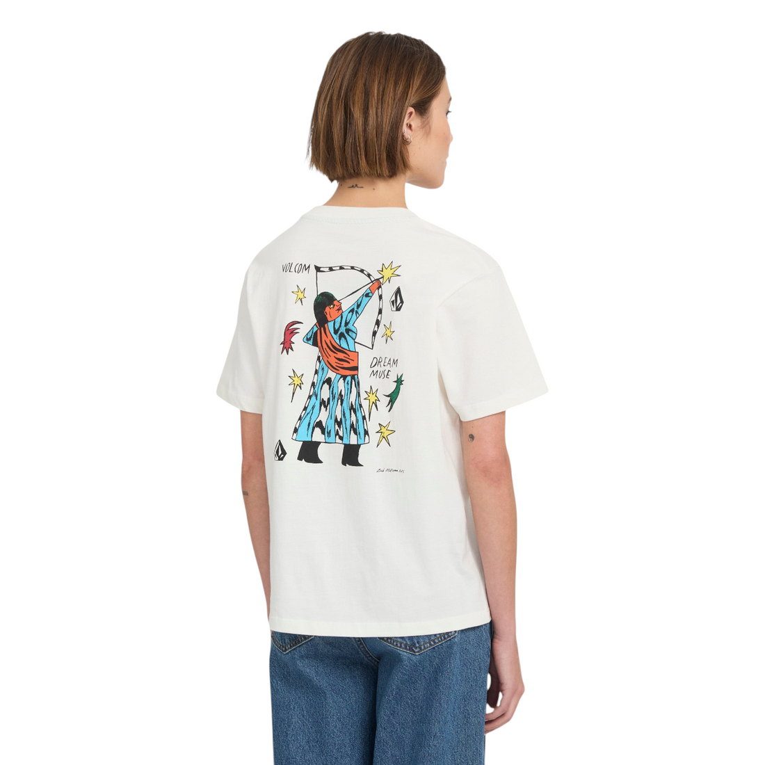 T-shirt Born2ride Volcom Radical Daze Up blanc cassé en coton avec imprimé graphique au dos porté par une femme