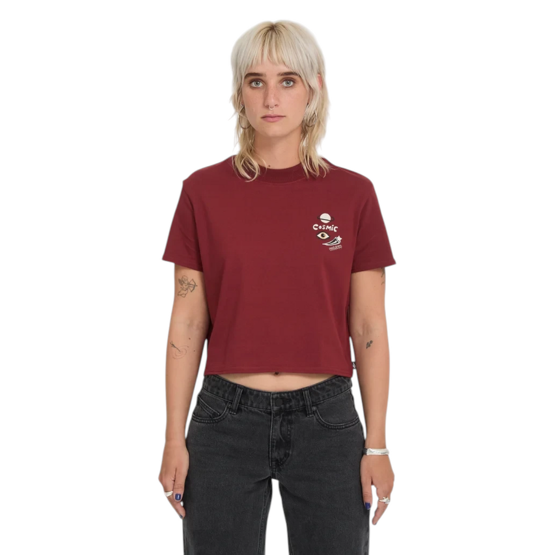 T-shirt Born2ride Volcom FA Ozzy SS en coton bio couleur brique avec motif graphique sur la poitrine