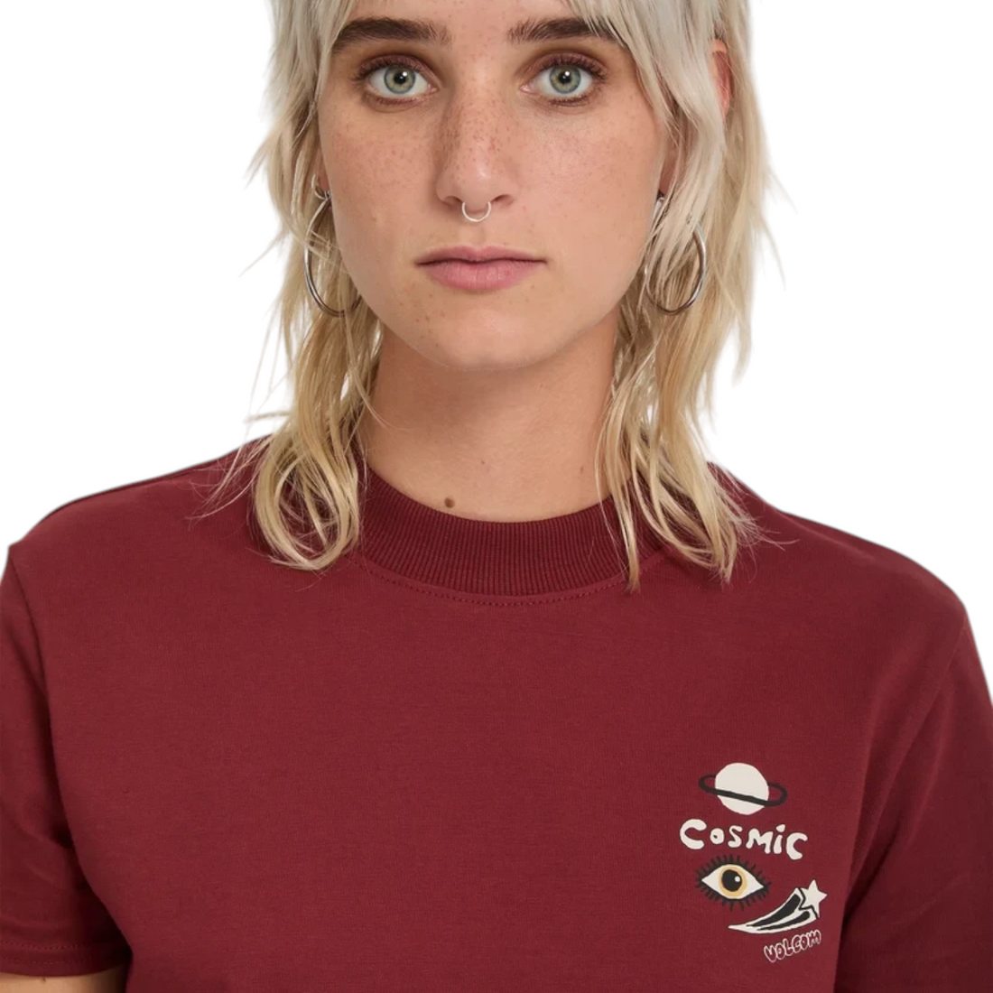 T-shirt Born2ride Volcom FA Ozzy SS en coton biologique couleur brique avec motif graphique brodé sur la poitrine